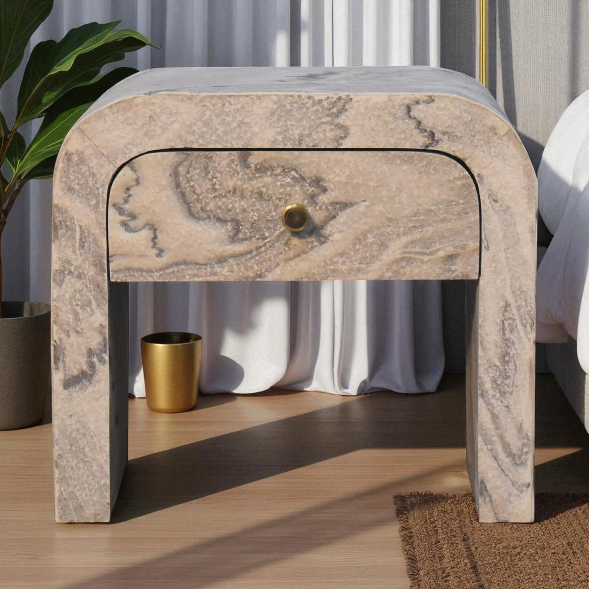 NACHTTISCH aus Massivholz, 1 Schublade, Weiß - Messingfarben/Weiß, Holz/Metall (45/40/35cm) - Artisan Furniture