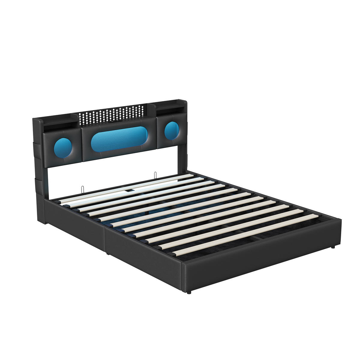 PU BETT 160X200CM SCHWARZ STAURUM LED USB TYP-C - Schwarz, Holzwerkstoff - SHOPENTRA