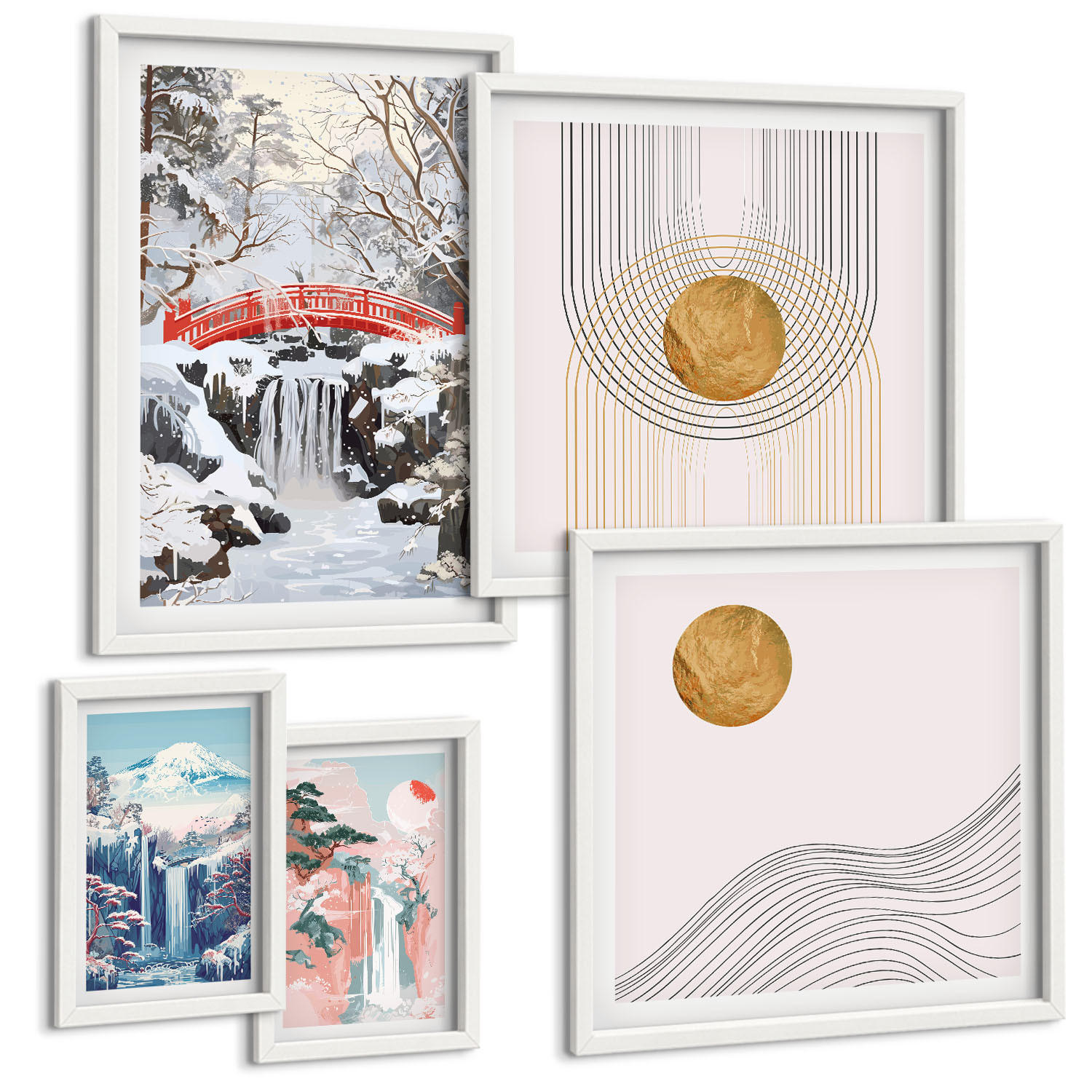 BILDER SET 5er Set - 50x50 cm & 20x30 cm & 40x60 cm Weißer Rahmen - Sommerliche Strandansichten in Pastellfarben - Weiß, Kunststoff (40/60cm) - TULUP