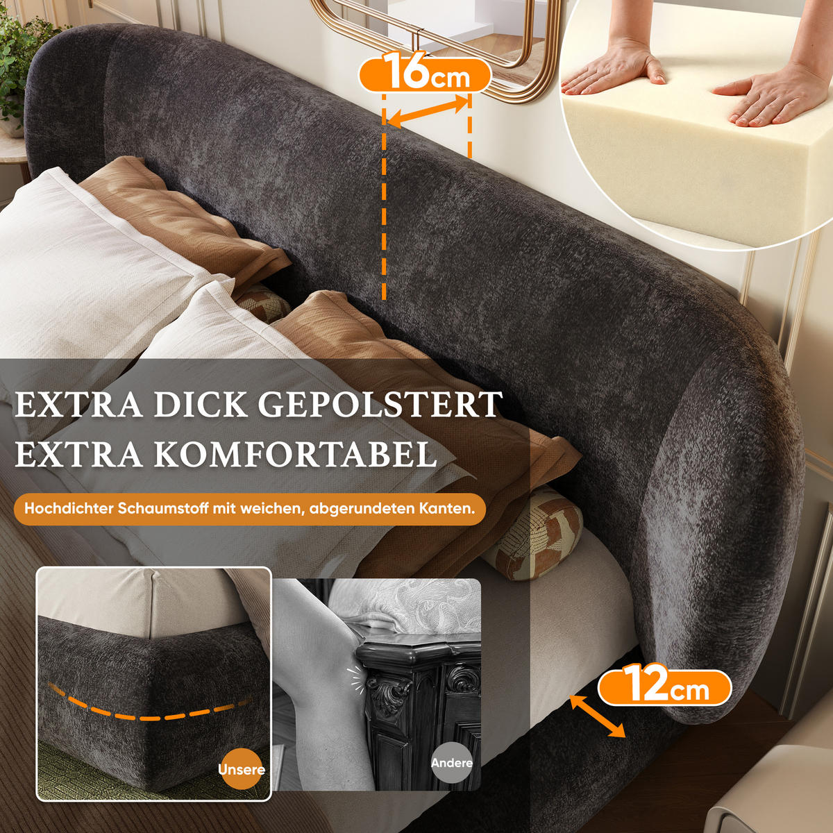 POLSTERBETT 160/200 cm in Grau Chenille mit Lattenrost und Kopfteil - Grau, Holzwerkstoff/Textil (160/200cm) - CHICFURN