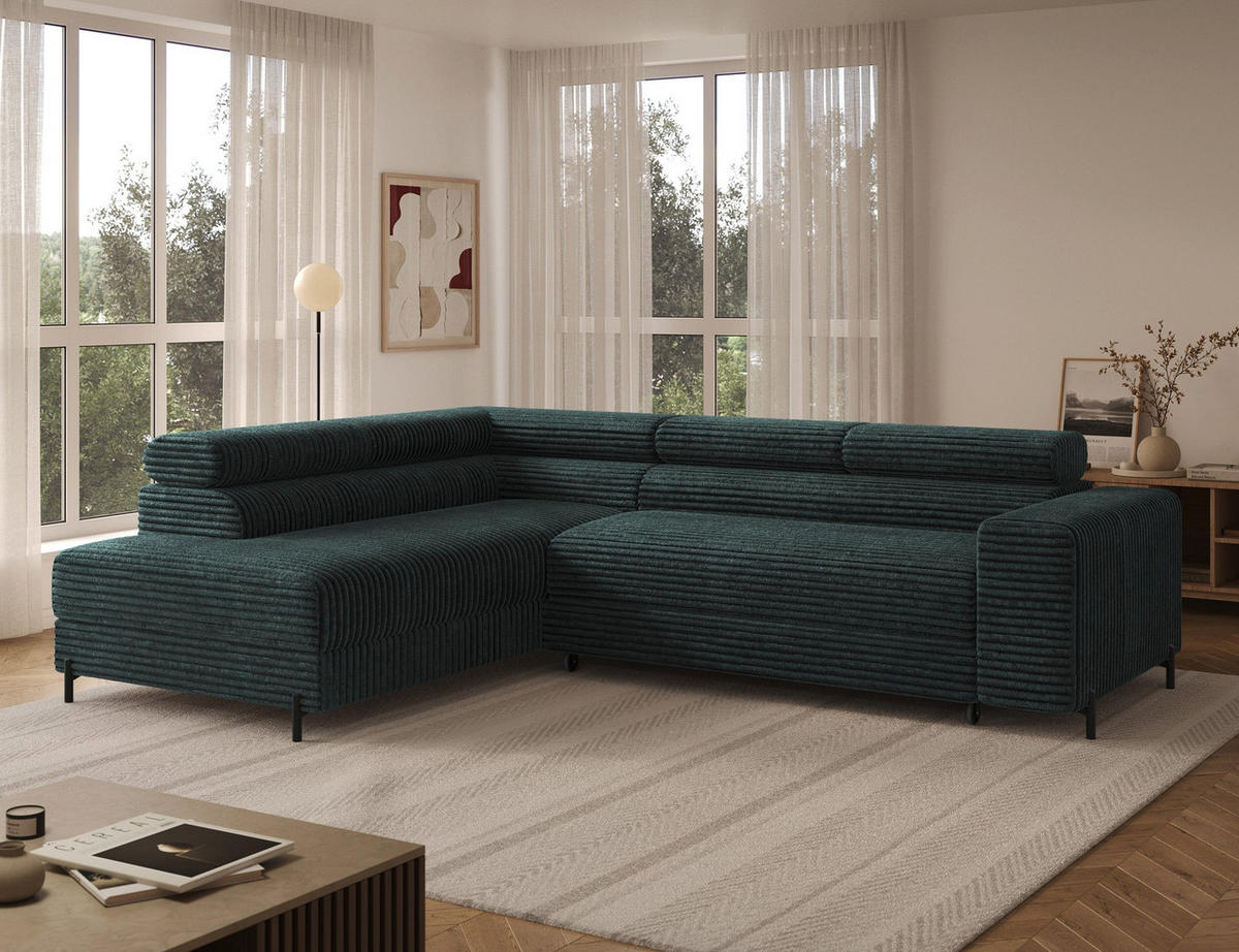 ECKSOFA COLESIO L-Form, Schlaffunktion, Bettkasten, verstellbare Kopfstützen, Wellenfederung, Metallfüße, breiter Cordstoff - Dunkelgrün/Schwarz, Kunststoff/Metall (269/204cm) - Wohnideebilder