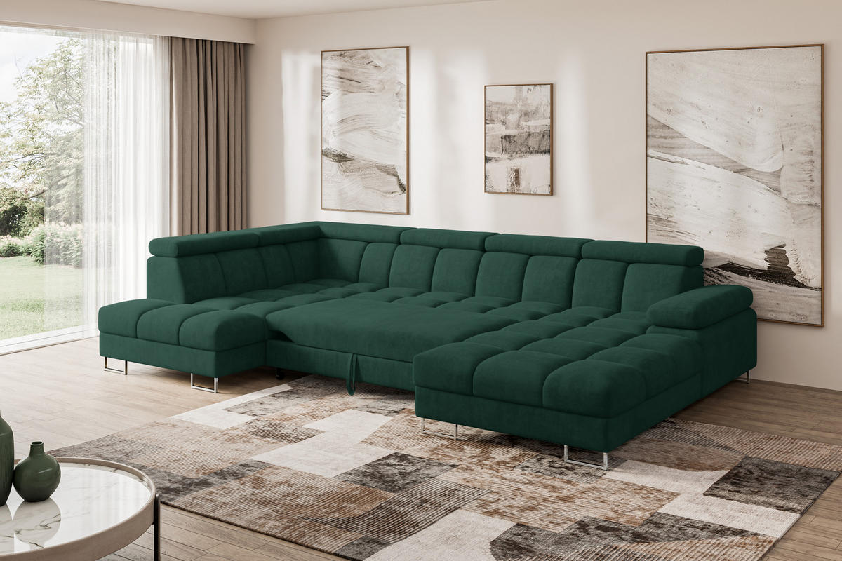 WOHNLANDSCHAFT mit Schlaffunktion und Bettkasten Ottomane Links COMA U 345x203x79 Grün Velours - Grün, Holzwerkstoff/Textil (345/79/203cm) - ALTDECOR