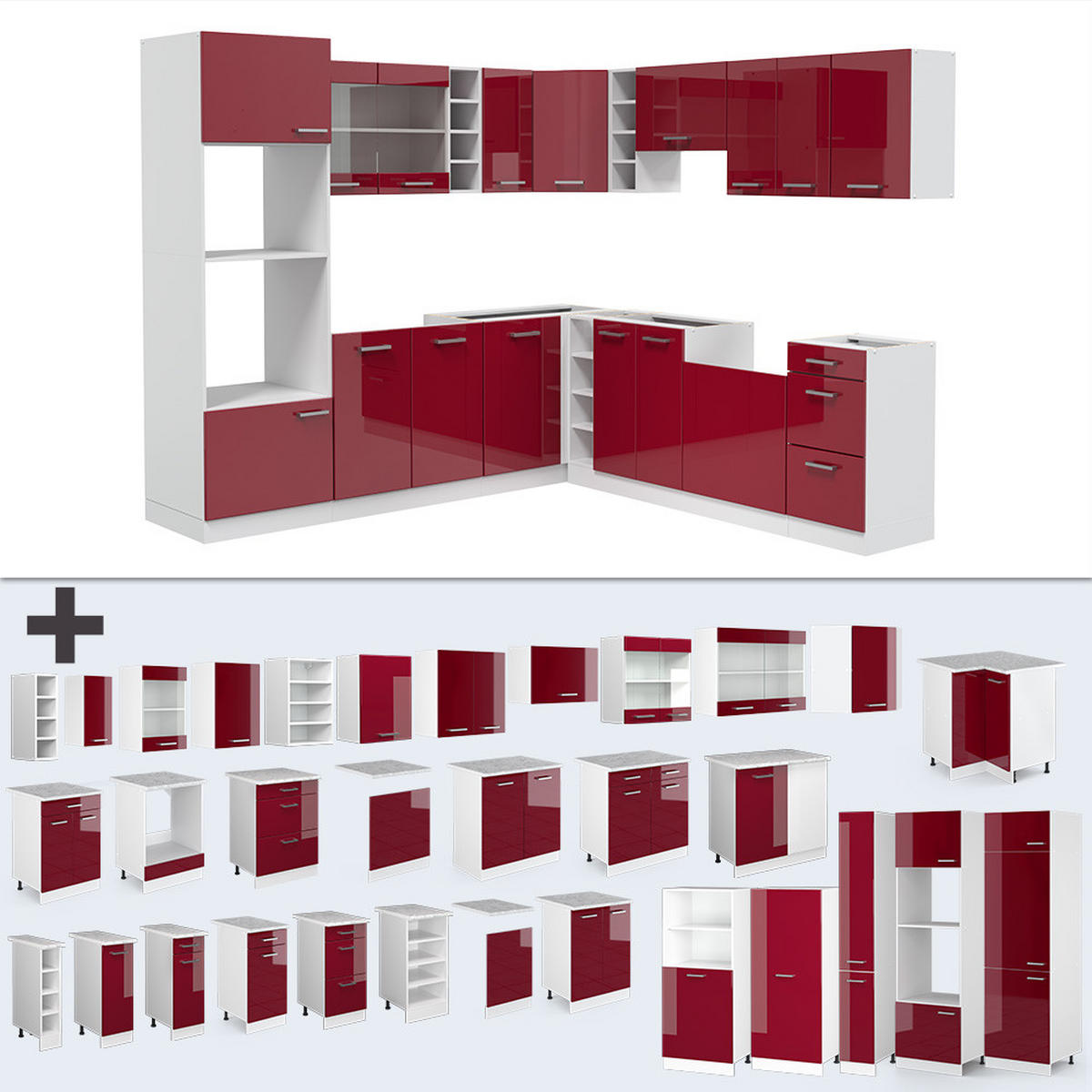 ECKKÜCHE R-Line Rot Hochglanz/Weiß 247 x 60 cm , AP Marmor - Rot/Weiß, Holzwerkstoff (247/81.6/60cm) - Vicco