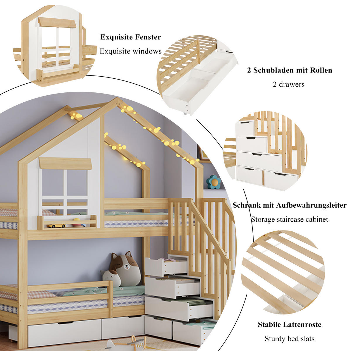 ETAGENBETT 90/200 cm in Weiß & Natur mit Stauraumtreppe und Schubladen - Naturfarben/Weiß, Holz/Holzwerkstoff (90/200cm) - WISHDOR