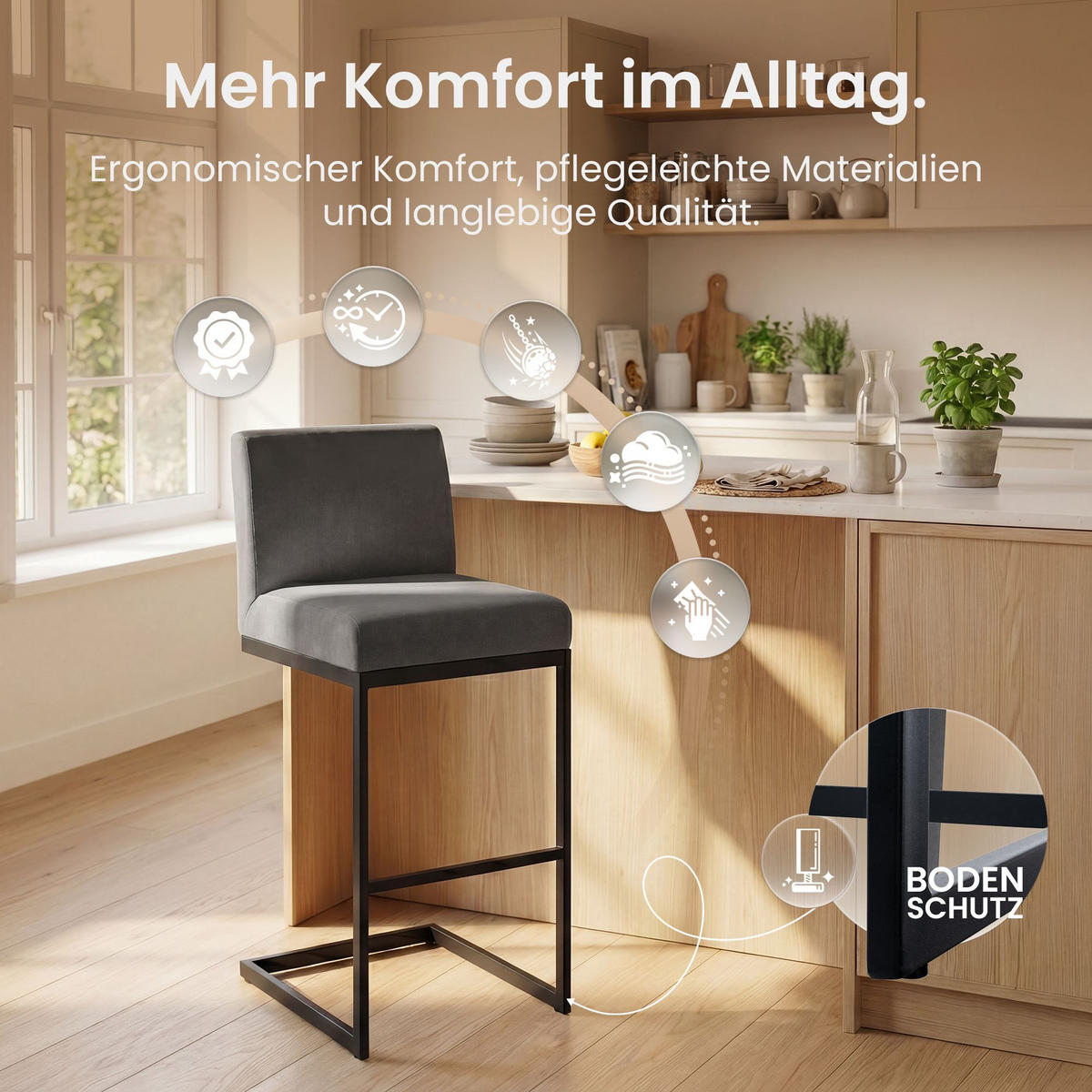 BARHOCKER Samt Dunkelgrau - Dunkelgrau/Schwarz, Textil/Metall (43/104/53cm) - CLP
