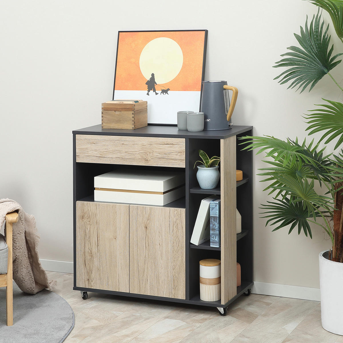KÜCHENWAGEN, multifunktional, Schublade, Schrank, 4 Rollen, Holz/Schwarz, 80x39x86,5cm - Multicolor, Metall (80/86.5/39cm) - FORIOUS