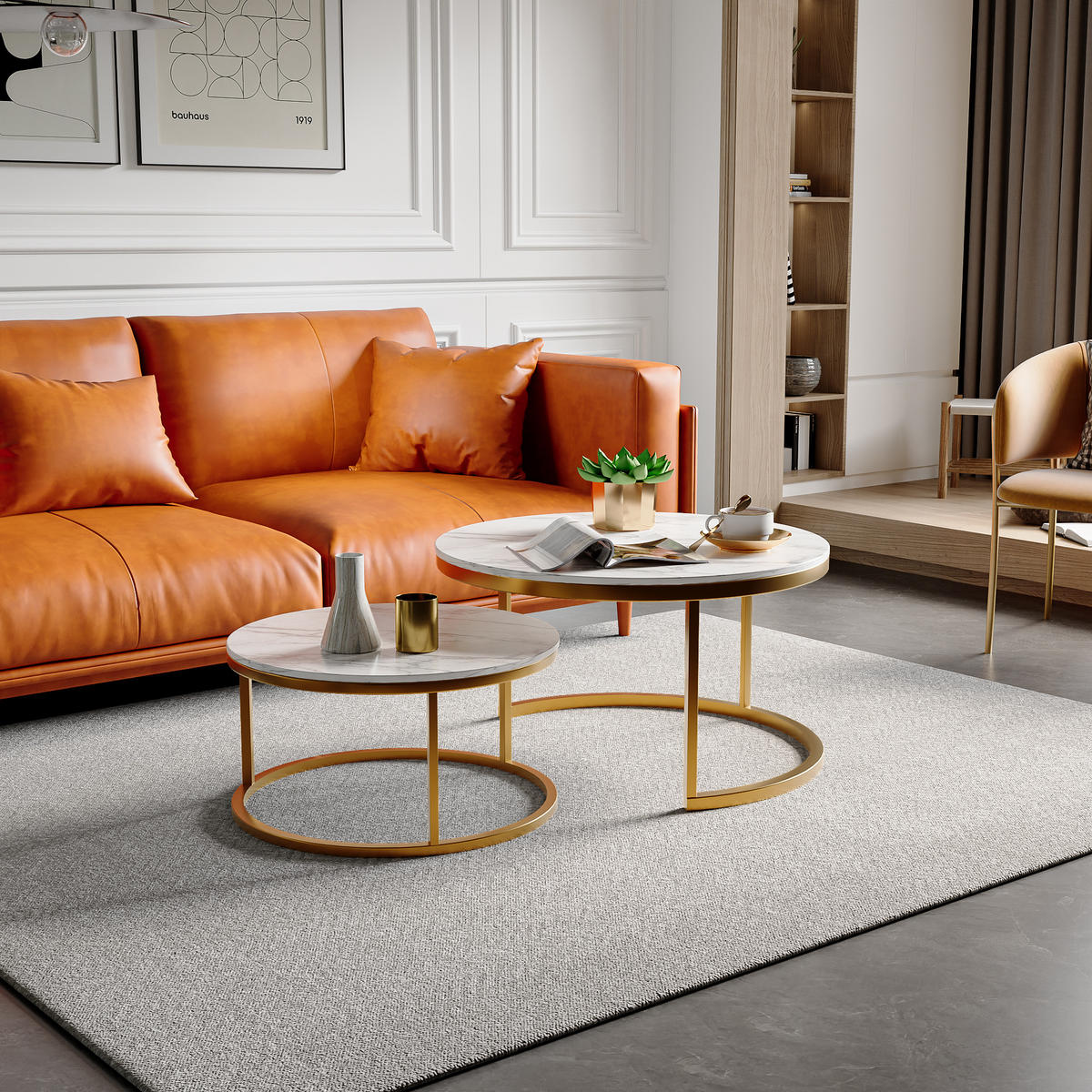 COUCHTISCH 2er Set rund, Satztisch mit Marmoroptik Gold - Goldfarben, Metall (80/80/45cm) - PARAFTA HOME