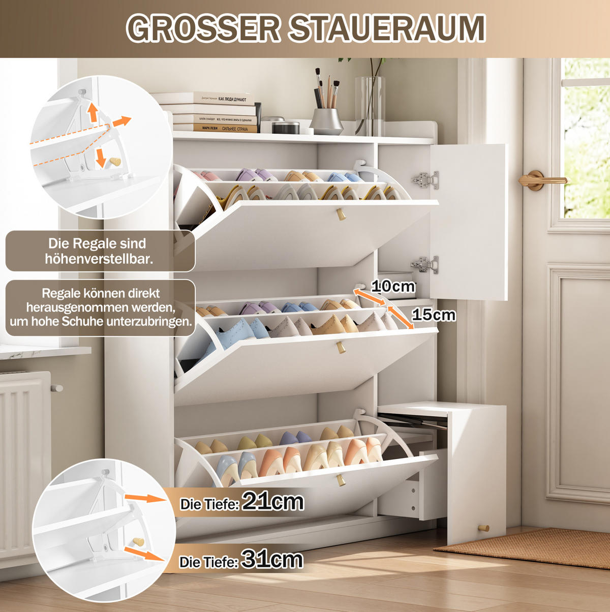 SCHUHSCHRANK 119/24/122 cm in Weiß mit 3 Klappen und klappbarer Sitzbank - Weiß, Holzwerkstoff (119/122/24cm) - Flora Grace