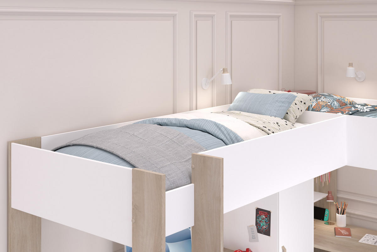 HOCHBETT Alex in Weiß und Jackson Eiche mit zwei Liegeflächen 90 x 200 cm und zwei Schreibtischen - Weiß, Holz/Holzwerkstoff (90/200cm) - Vente-Unique