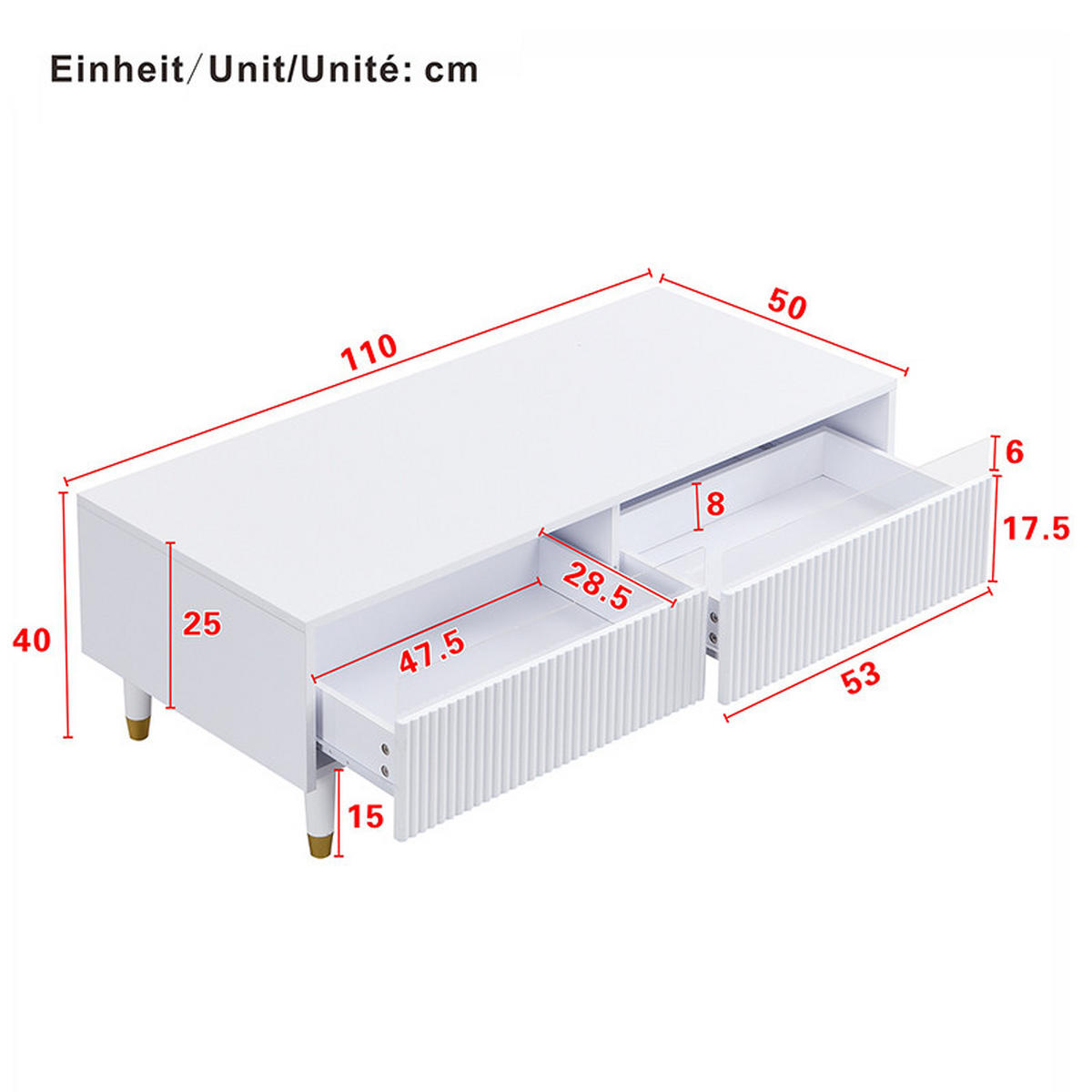 KONFERENČNÍ stolek 110/50/40 cm bílý z MDF se 2 zásuvkami a LED osvětlením - bílá, kompozitní dřevo (110/50/40cm) - OKWISH