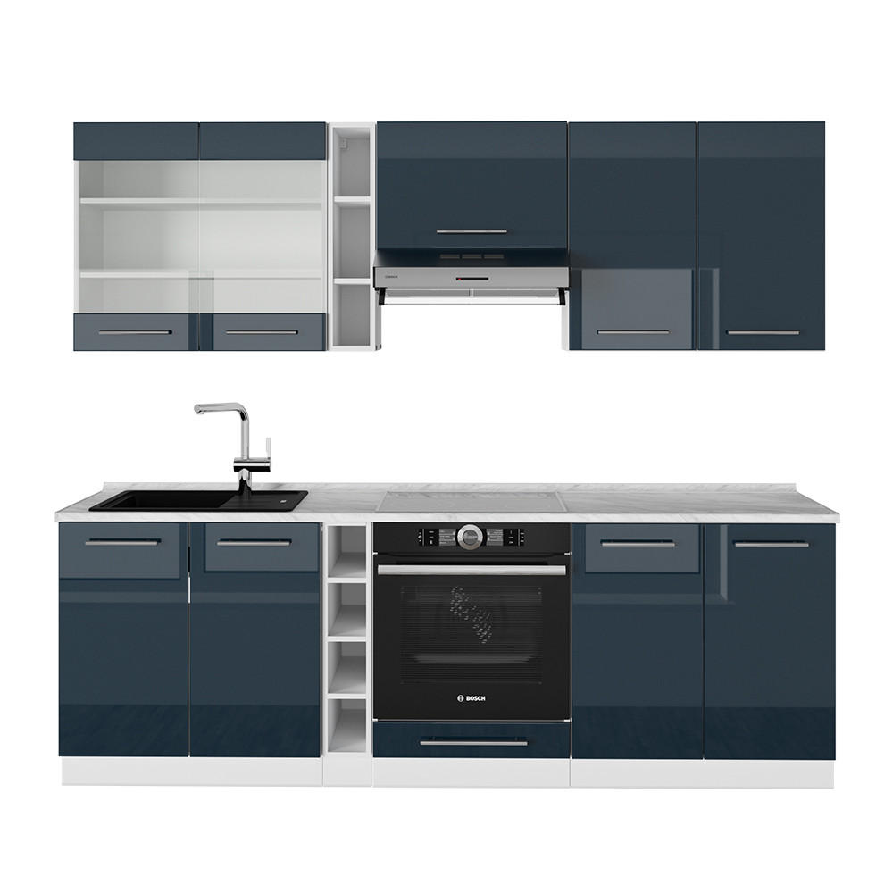 KÜCHENZEILE Fame-Line Dunkelblau Hochglanz/Weiß 235 cm, AP Marmor - Dunkelblau/Weiß, Holzwerkstoff (235/81.6/60cm) - Vicco