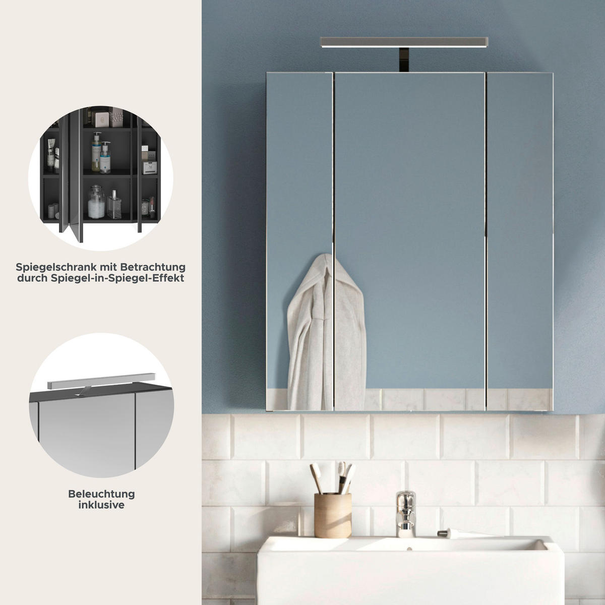 SPIEGELSCHRANK inkl. Beleuchtung LINUS (B/H/T: ca. 60/71/19 cm) in schwarz/Spiegelglas - Schwarz, Holzwerkstoff (60/71/19cm)
