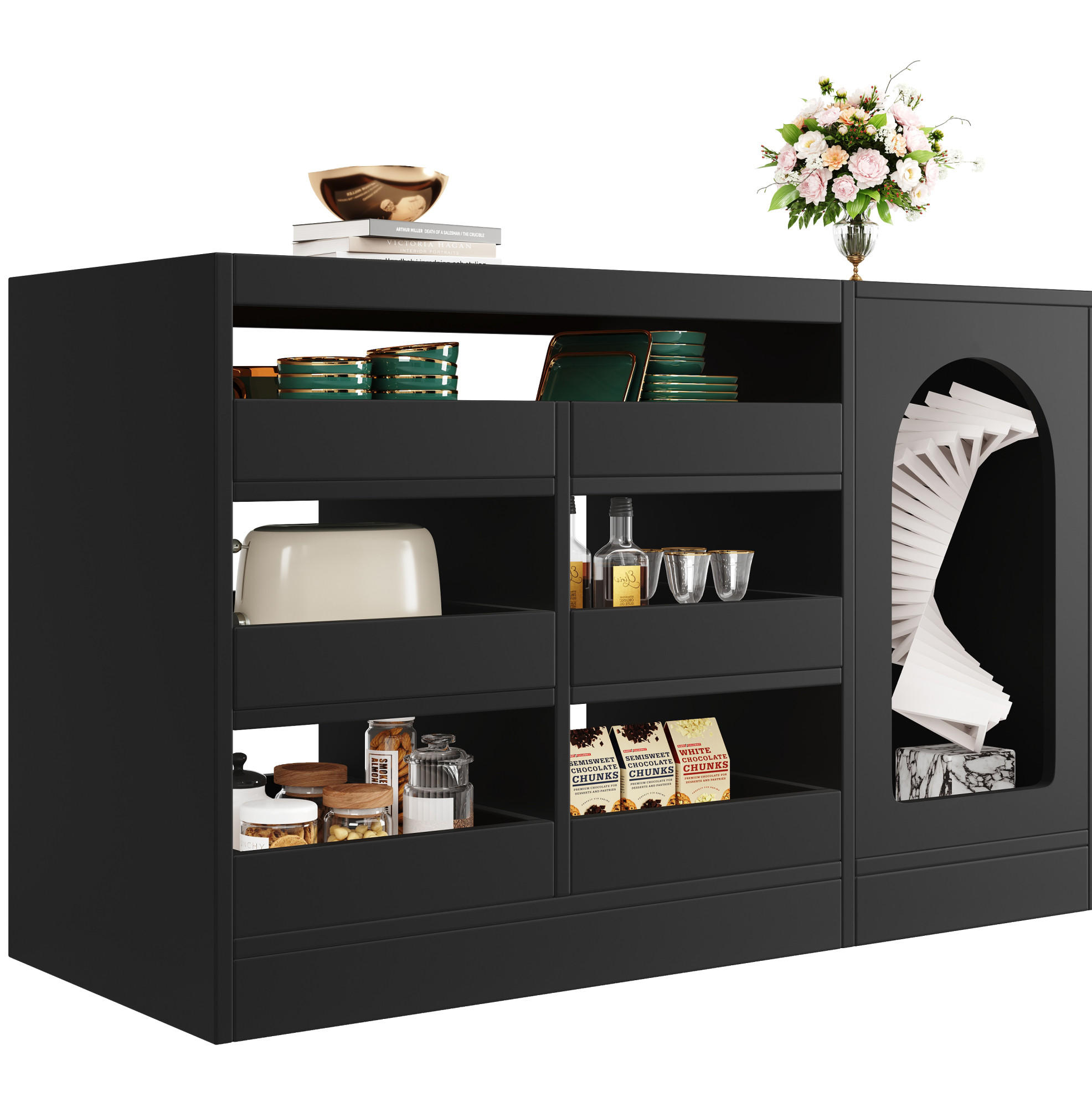 SIDEBOARD 120/40/75 cm, 6 Schubladen, Glasoberseite mit LED, schwarzes MDF, Schwarz - Schwarz, Holzwerkstoff (120/75/40cm) - Redom