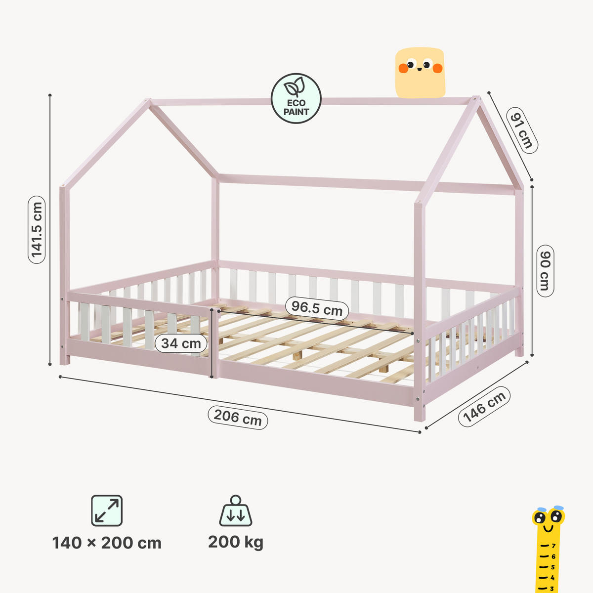 HAUSBETT Hesel - Rosa/Weiß, Holz (140/200cm) - [en.casa]