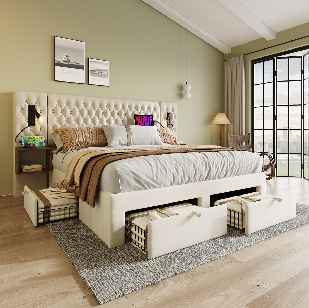 BETTANLAGE mit 2 Nachttischen 160x200 cm Samt Beige - Beige, Metall (160/200cm) - Meubliv