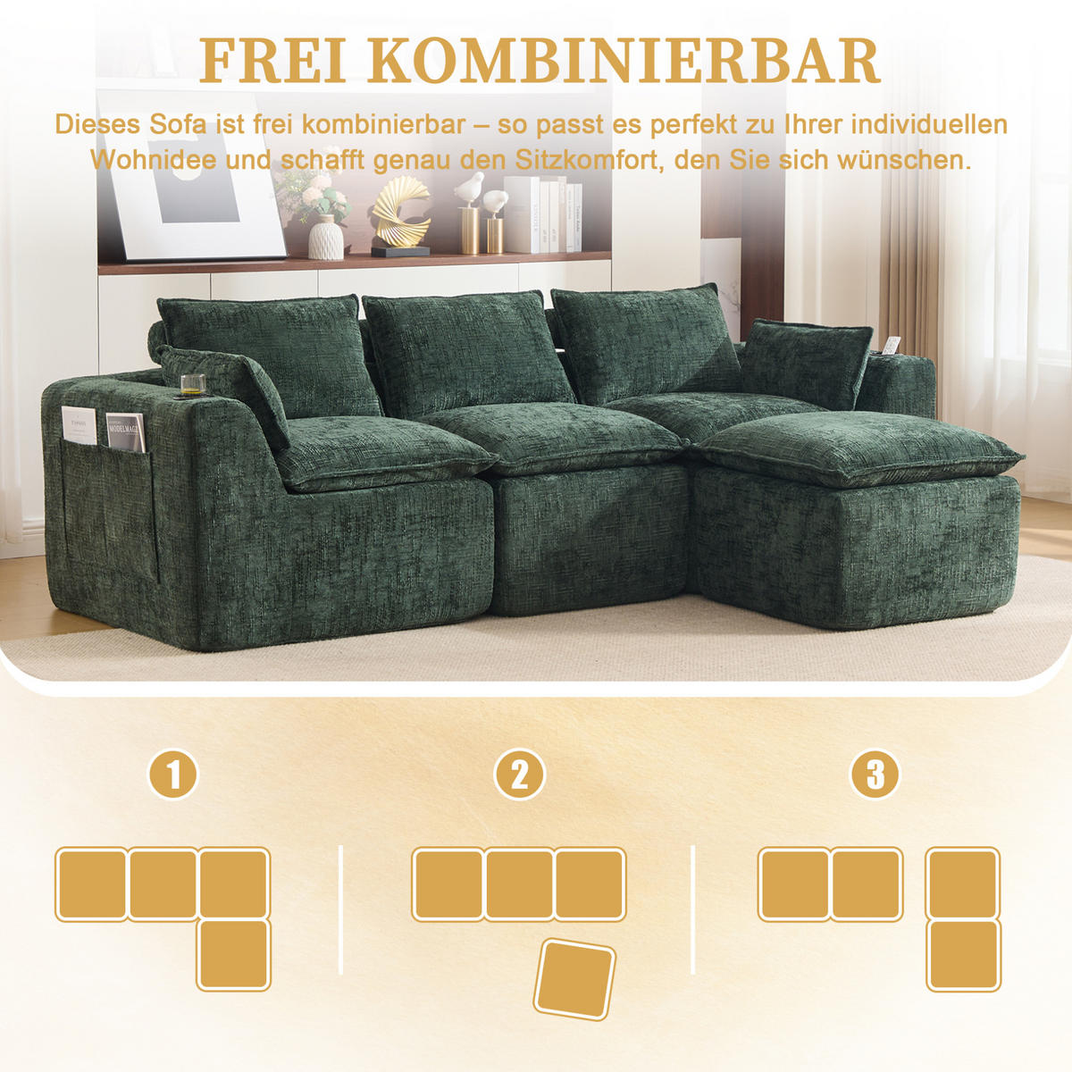 ECKSOFA 256/161/75 cm grün aus Chenille mit Seitentaschen - Grün, Textil (161/256cm) - OKWISH
