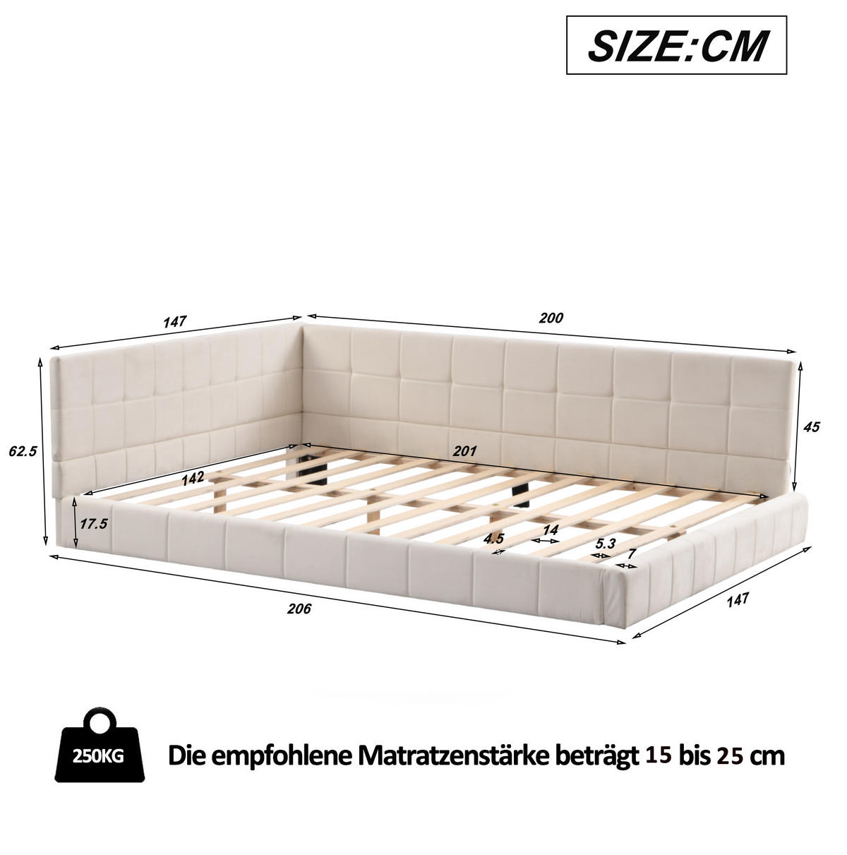 POLSTERBETT 140/200 cm in Beige mit Lattenrost und gepolstertem Rücken - Beige, Textil (140/200cm) - BEAOK