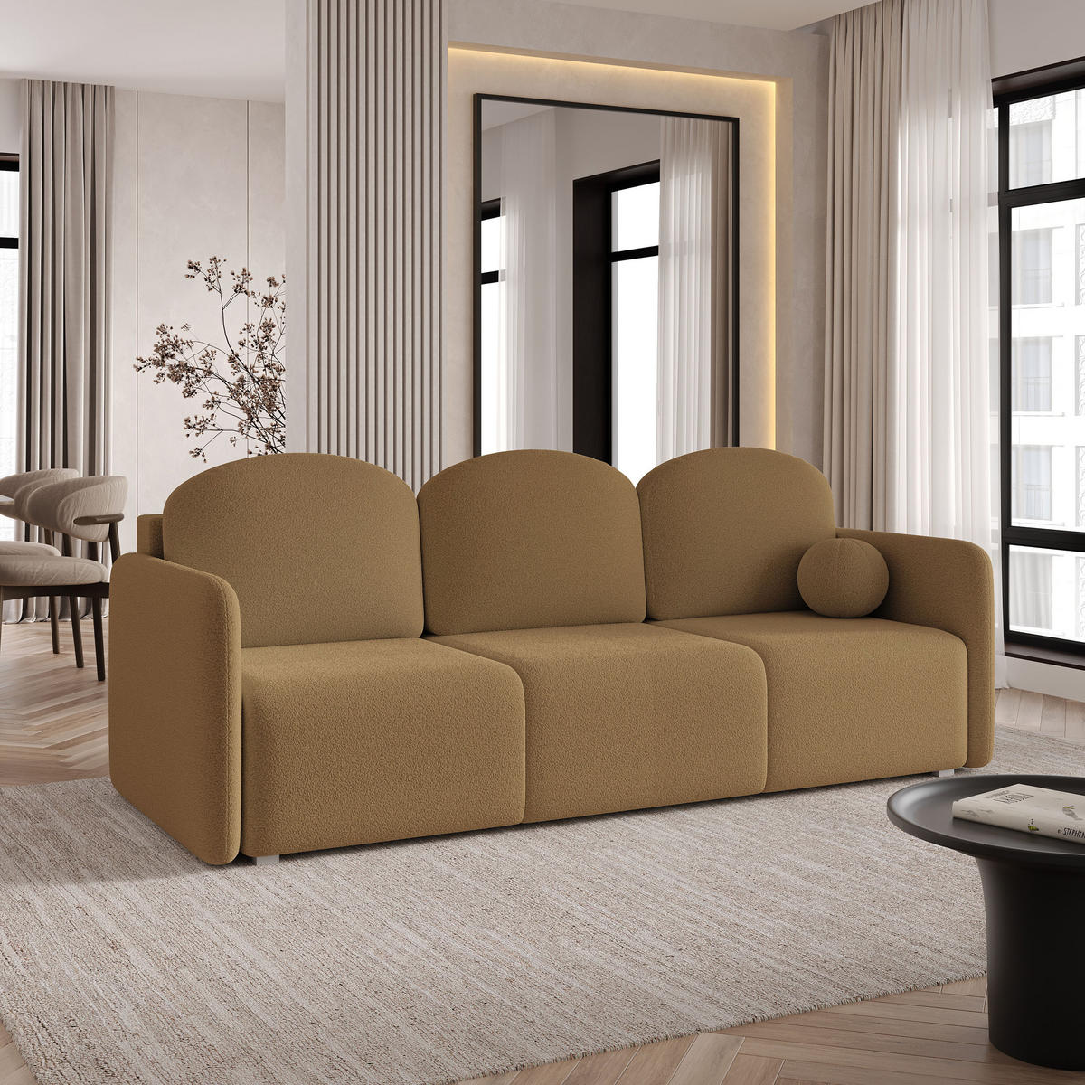 BETTSOFA SUVI III Q Hellbraun Bucle-Stoff mit Schlaffunktion - Hellbraun, Textil (220/85/90cm) - MASSENO