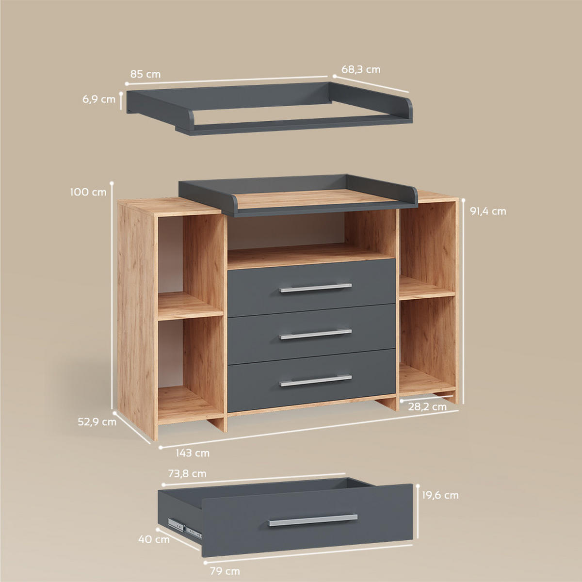 WICKELKOMMODE Torino Anthrazit/Sonoma XL mit Schubladen - Anthrazit/Sonoma Eiche, Holzwerkstoff (143/100/70cm) - Livinity®