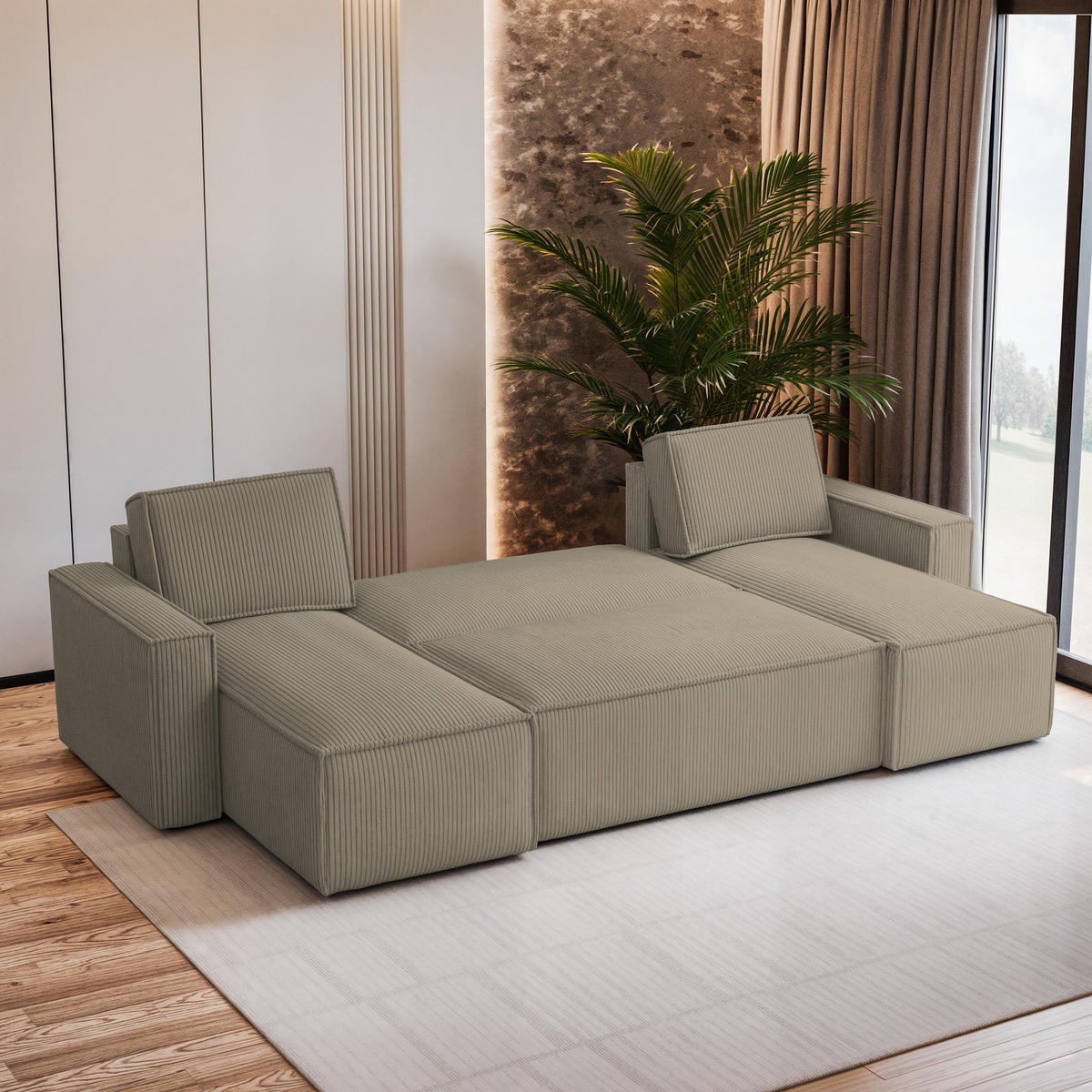 WOHNLANDSCHAFT PESANO P Beige Kordstoff mit Schlaffunktion - Beige, Holz (306/85/140cm) - MASSENO