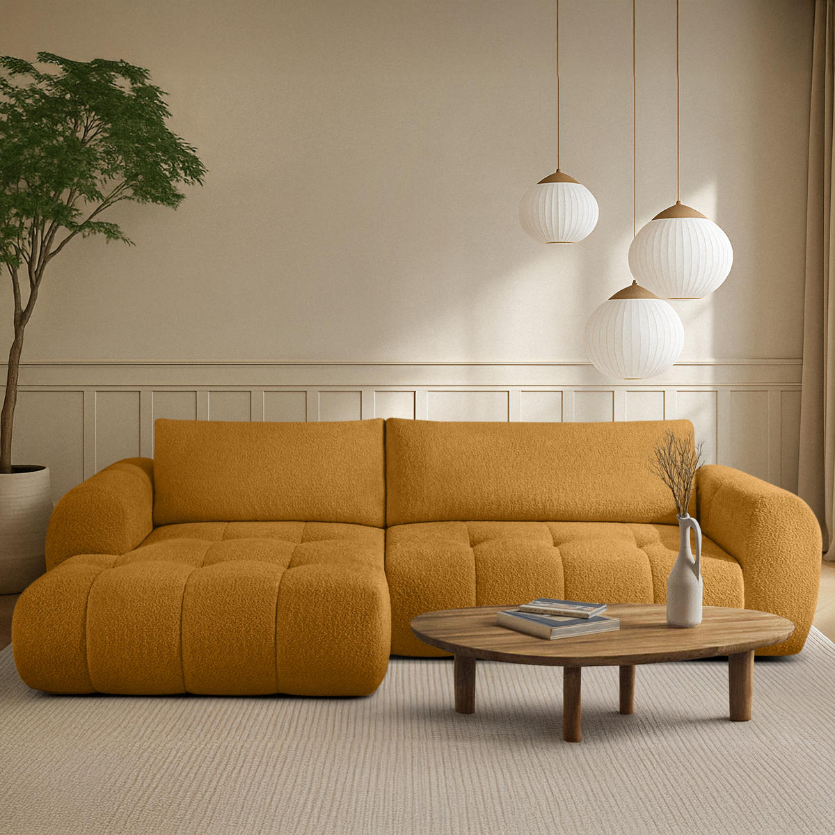 ECKSOFA LINKS LIRA, Honigfarben, Bouclé - Honig, Holz/Holzwerkstoff (295/112cm) - KONSIMO®