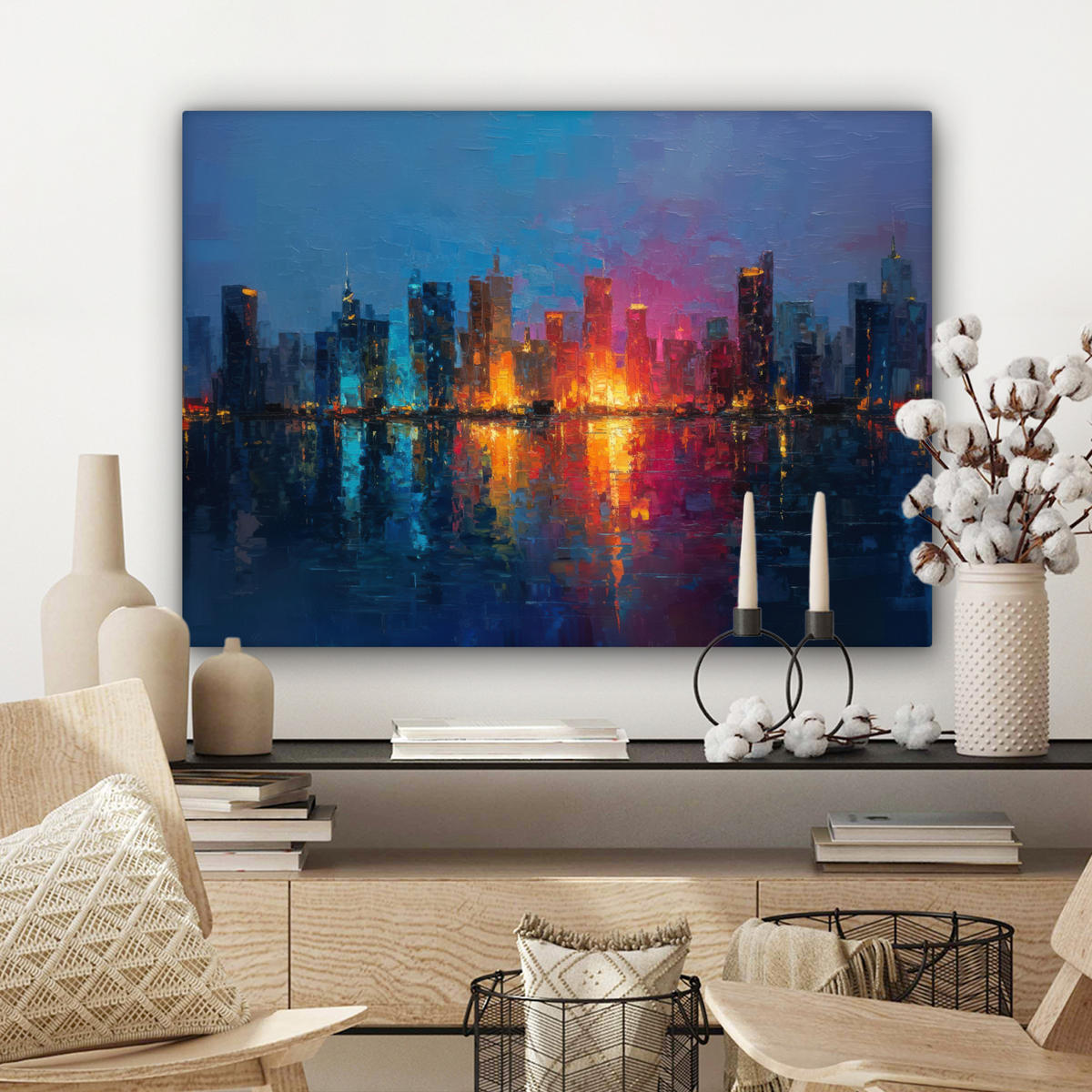 LEINWANDBILD Skyline - Pinselstriche - Dunkelblau - Leuchtend Wandbilder 80x60 cm - Blau, Textil (80/60cm) - MuchoWow