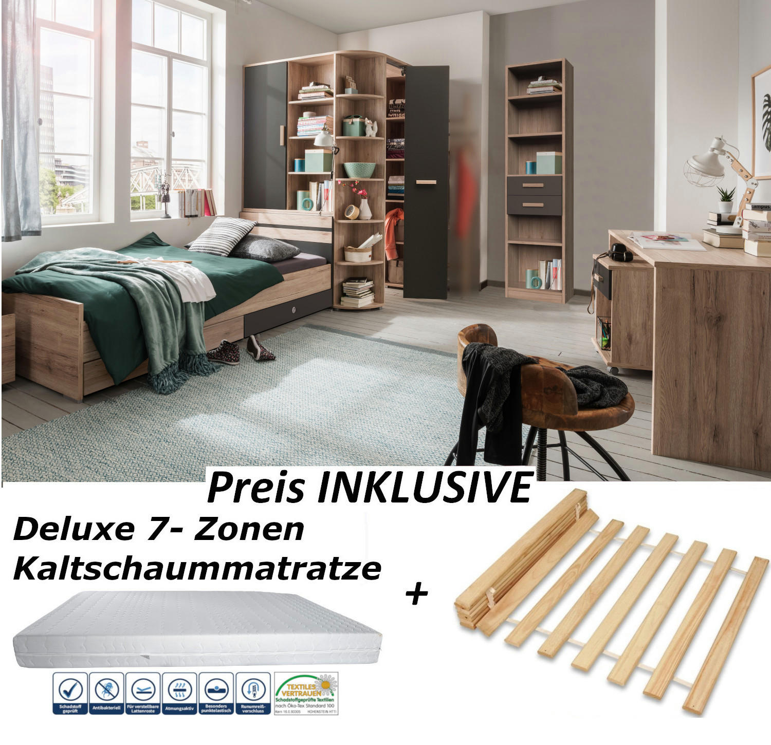 JUGENDZIMMER Cariba in Eiche San Remo und Graphit 8 teilig mit Matratze und Lattenrost - Braun, Holzwerkstoff (120/200/80cm)