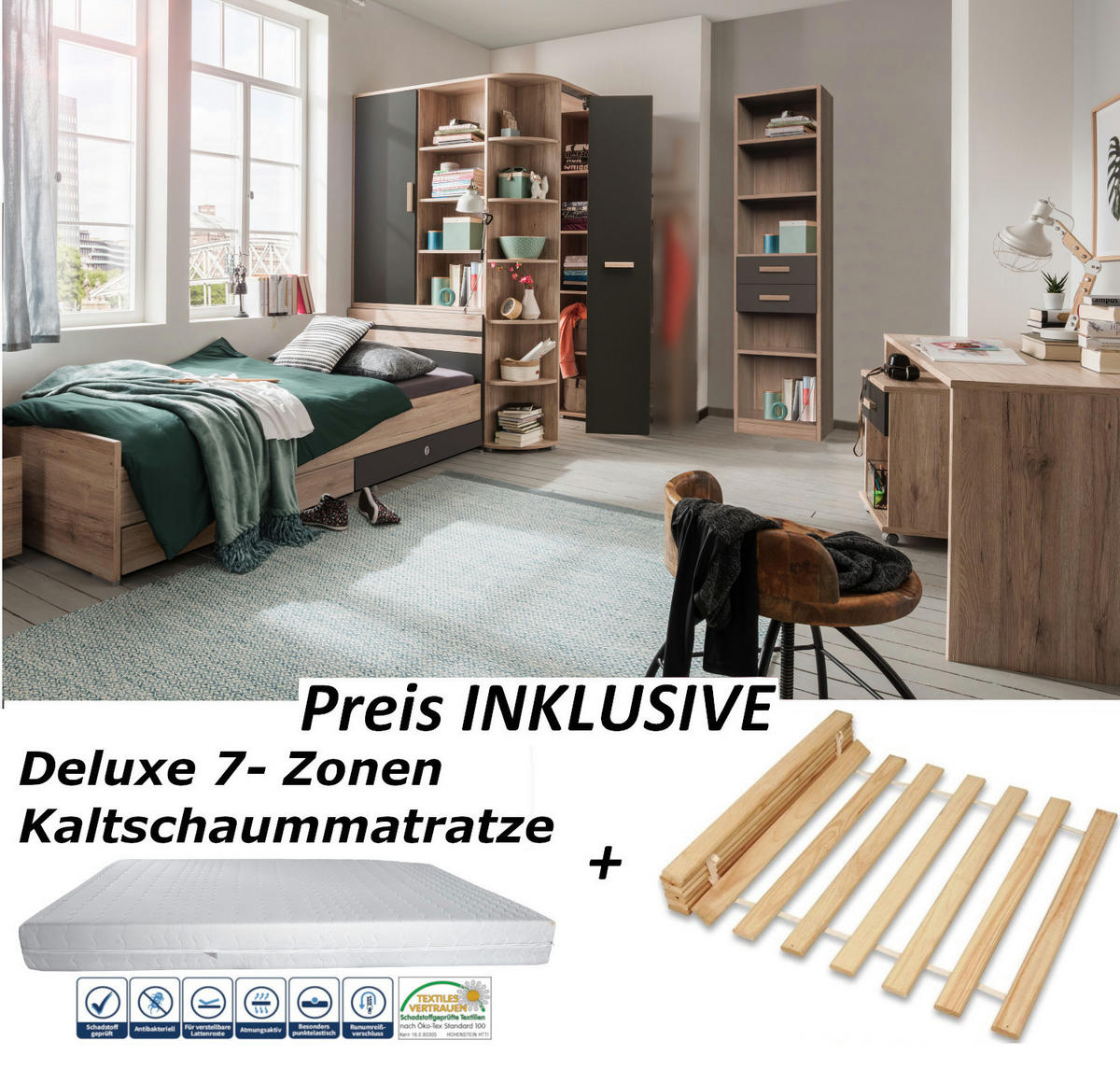 JUGENDZIMMER Cariba in Eiche San Remo und Graphit 8 teilig mit Matratze und Lattenrost - Braun, Holzwerkstoff (120/200cm)