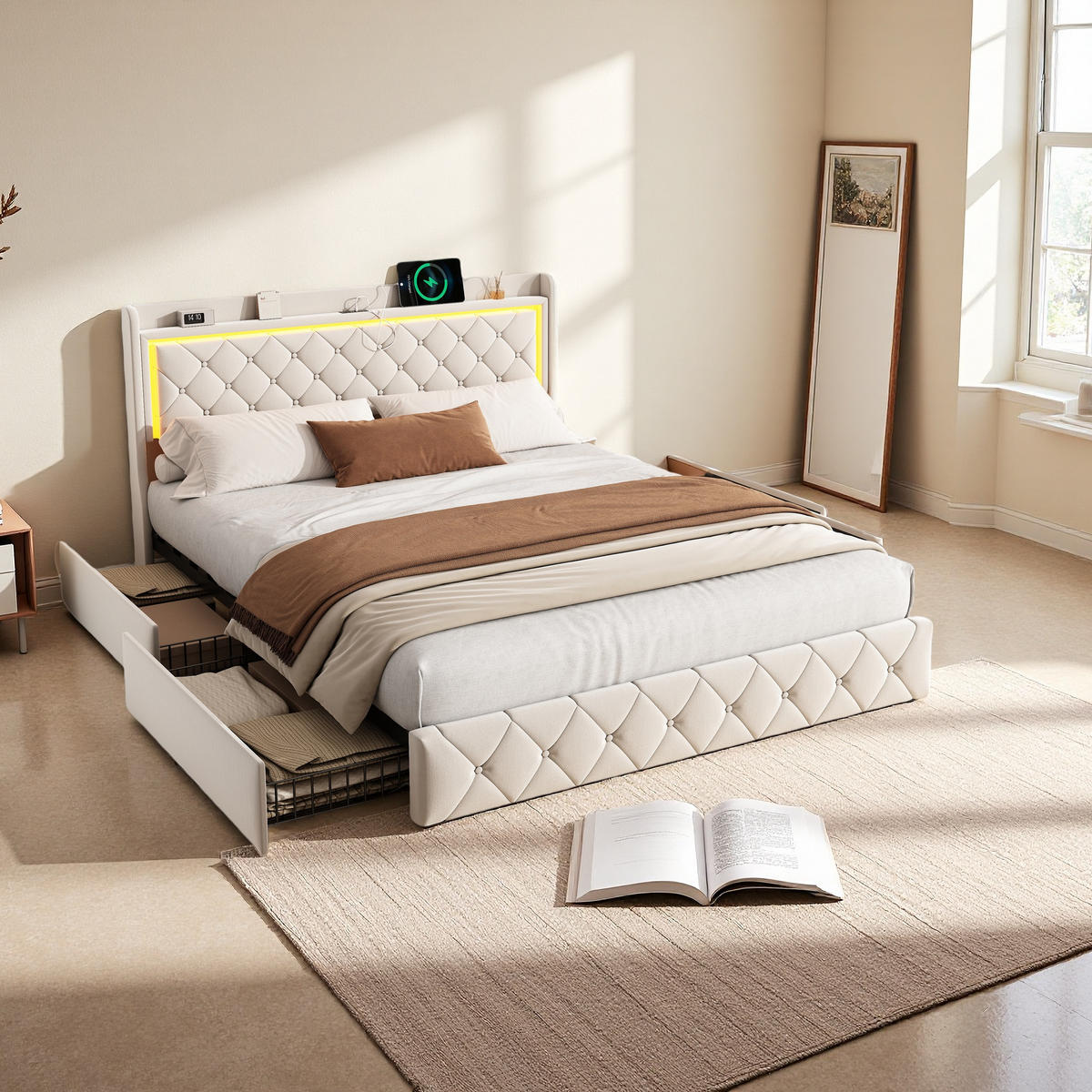 POLSTERBETT 140x190 cm LED USB Stauraum 4 Schubladen Lattenrost beige - Beige, Holz (140/190cm) - LEBENLANG