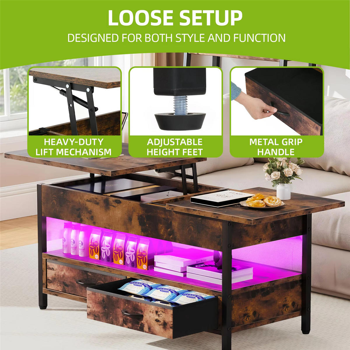 COUCHTISCH Lift-Top Holz LED RGB 2 Schubladen - Braun, Holz (106/50/51.5cm) - Kaket