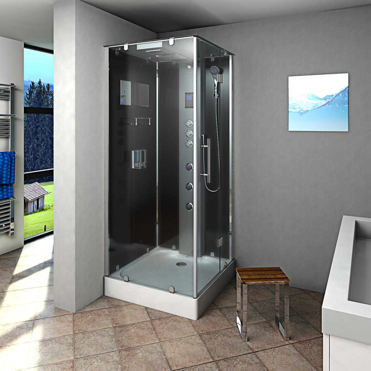 DAMPFDUSCHE Duschkabine D38-13R3-EC sw 90x90 - Schwarz, Glas/Kunststoff (90/90/218cm) - AcquaVapore by Sandra Jentho