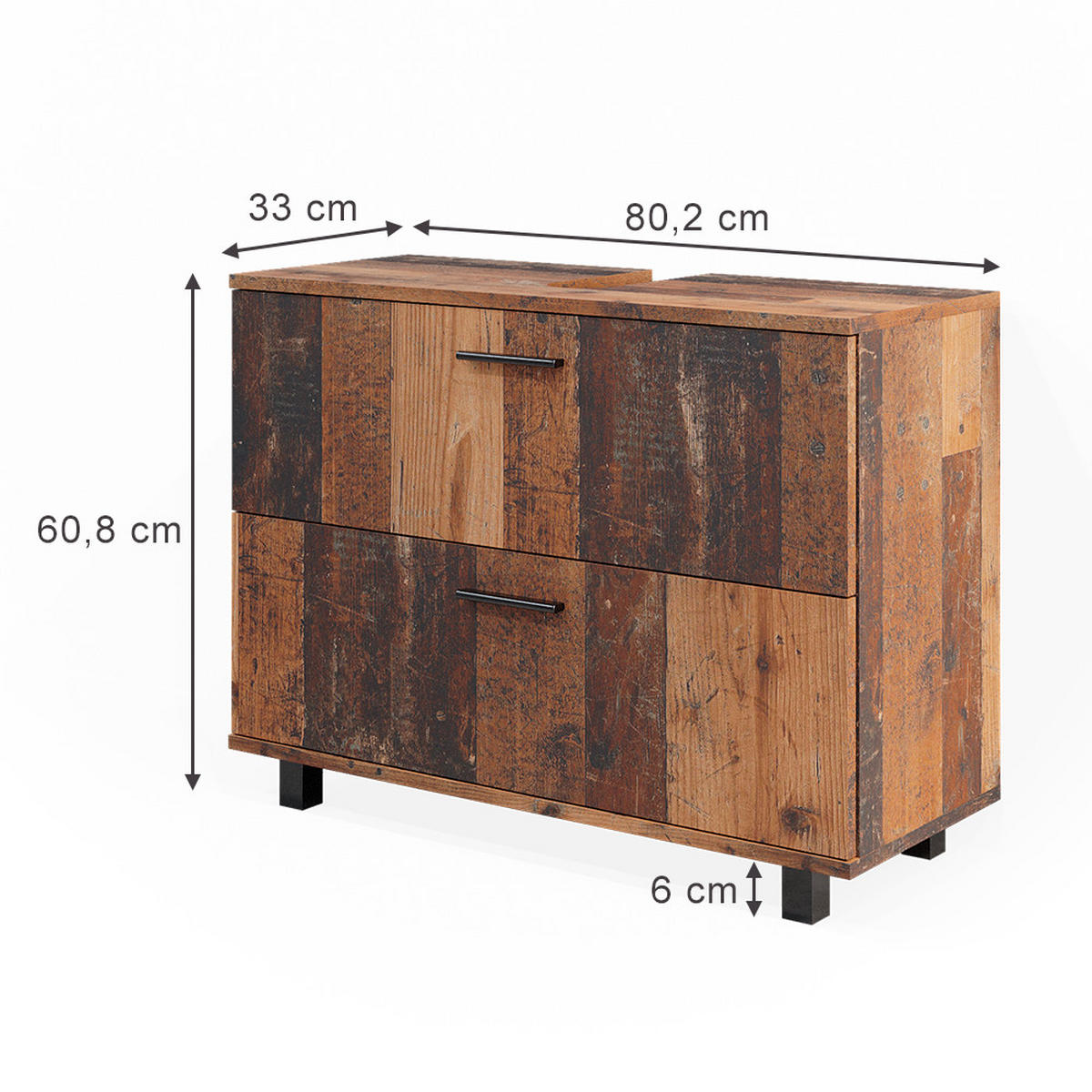 WASCHBECKENUNTERSCHRANK Ilias Eiche rustikal 80 x 60 cm mit 2 Schubladen - Wildeiche, Holzwerkstoff (80/60.8/33cm) - Vicco