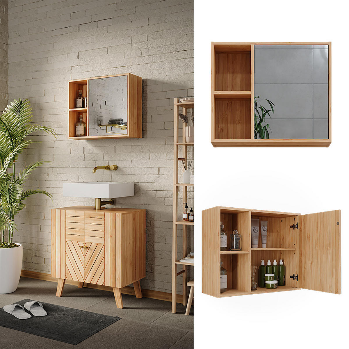 BADSPIEGELSCHRANK Lucie Bambus 54 x 44.5 cm mit Spiegel - Braun, Holzwerkstoff (54/44.5/20cm) - Vicco