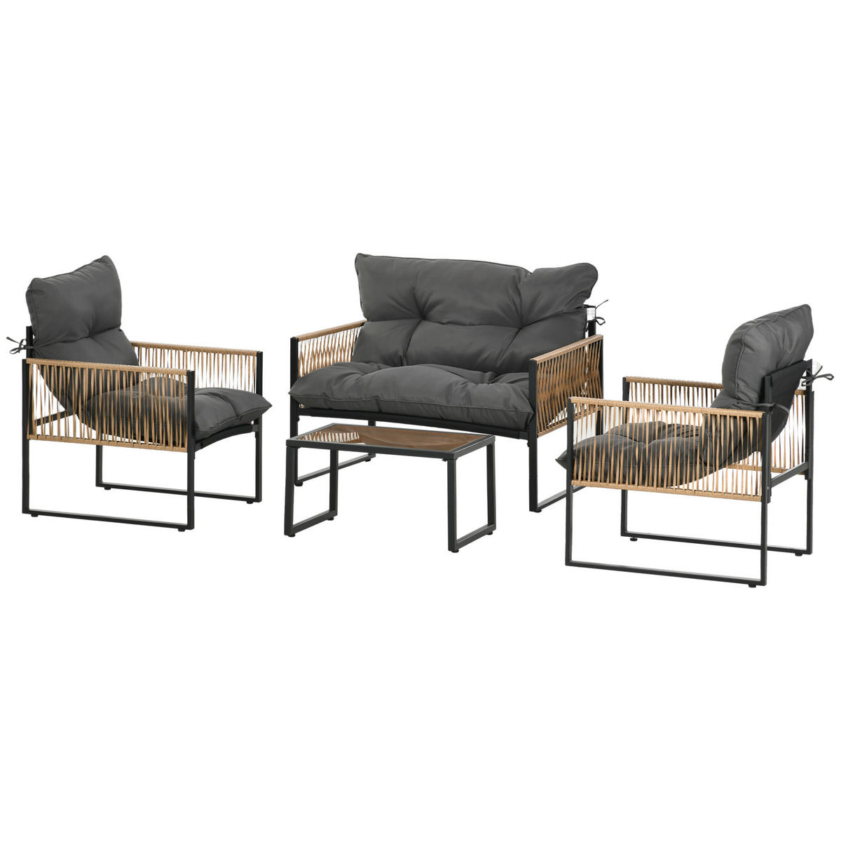 GARTENMÖBEL-SET DE-06709 4-teilig mit Sofa, 2 Stühlen & Glastisch Anthrazit - Dunkelgrau, Kunststoff/Metall - ComfortXL