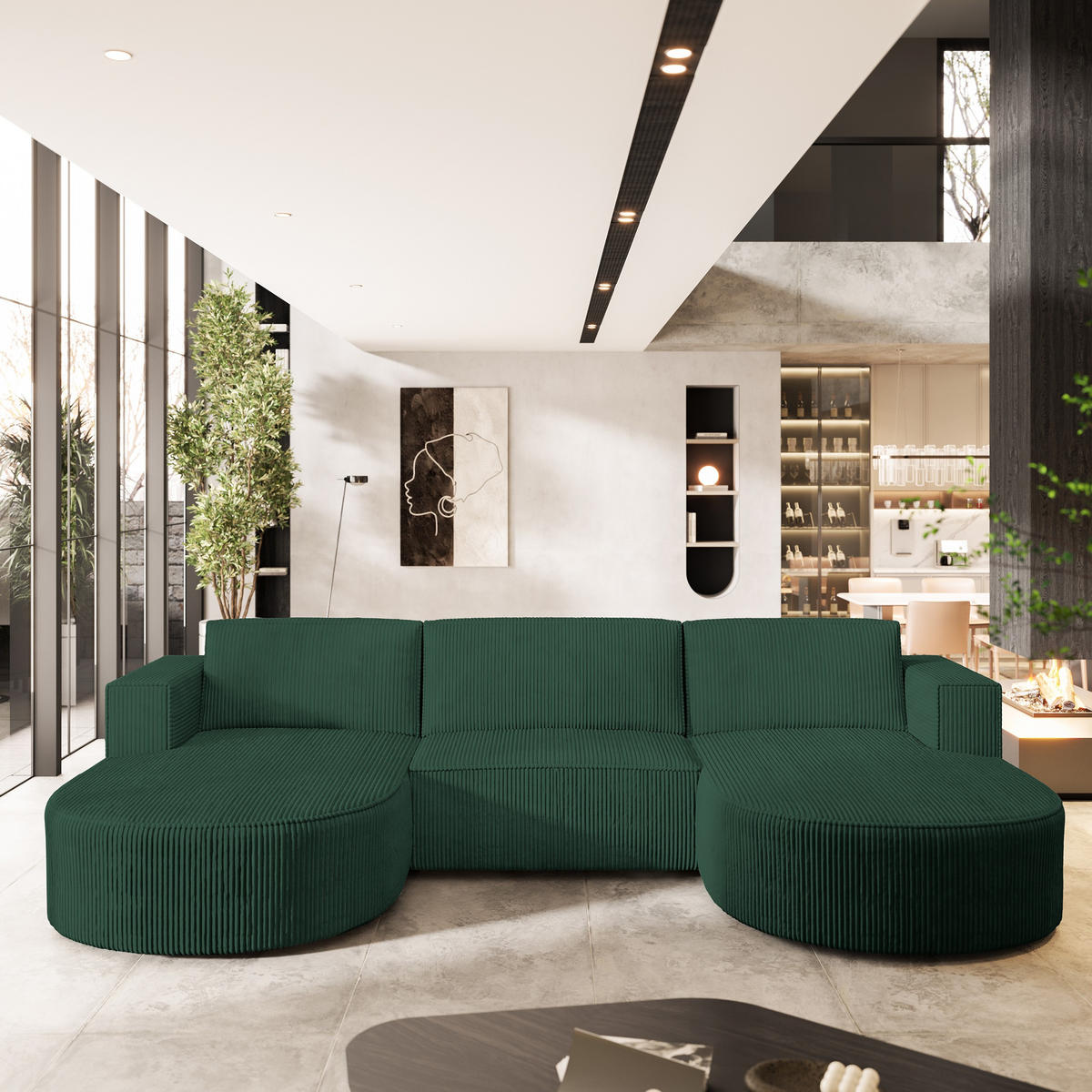 ROHOVÁ SEDAČKA VEZZO zelená barva - šedá/zelená barva, dřevo/textil (347/174cm) - MASSENO