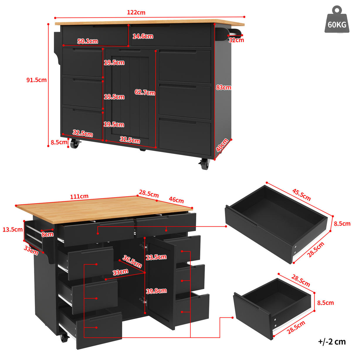 KÜCHENINSEL mit Klapptisch 122 x 74,5 x 91,5 cm Schwarz - Schwarz, Holz (74.5/91.5/122cm) - Beauniv
