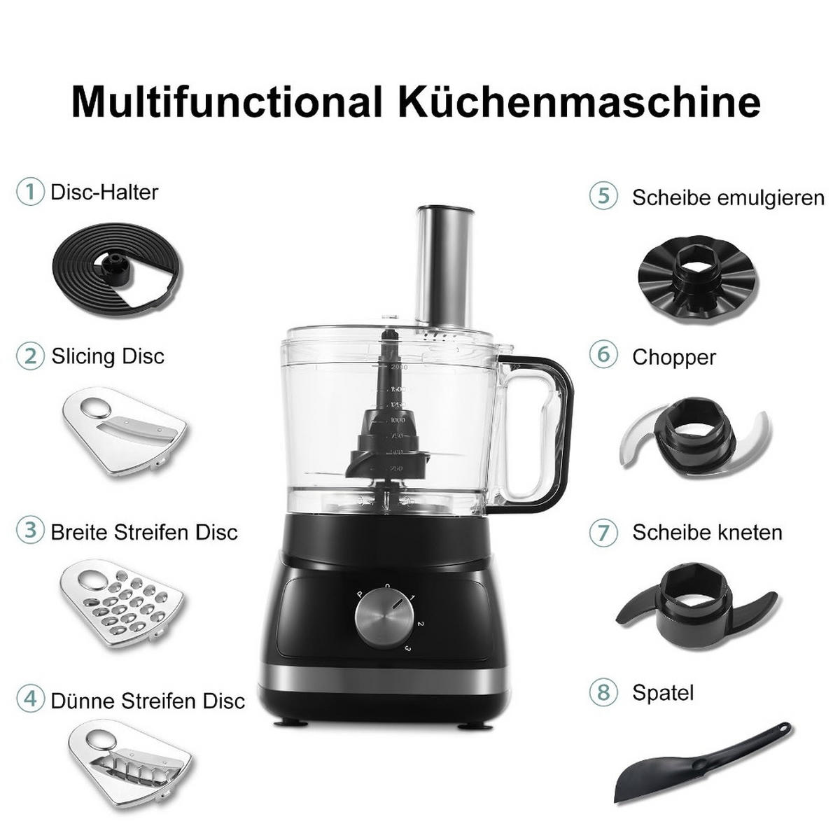 KÜCHENMASCHINE MULTIFUNKTIONALE 6-In-1 Haushaltsroboter, Kunststoff Edelstahl, Für Die Küche, 2 Liter - Schwarz, Metall (26/28.3/39.52cm) - Rolipo