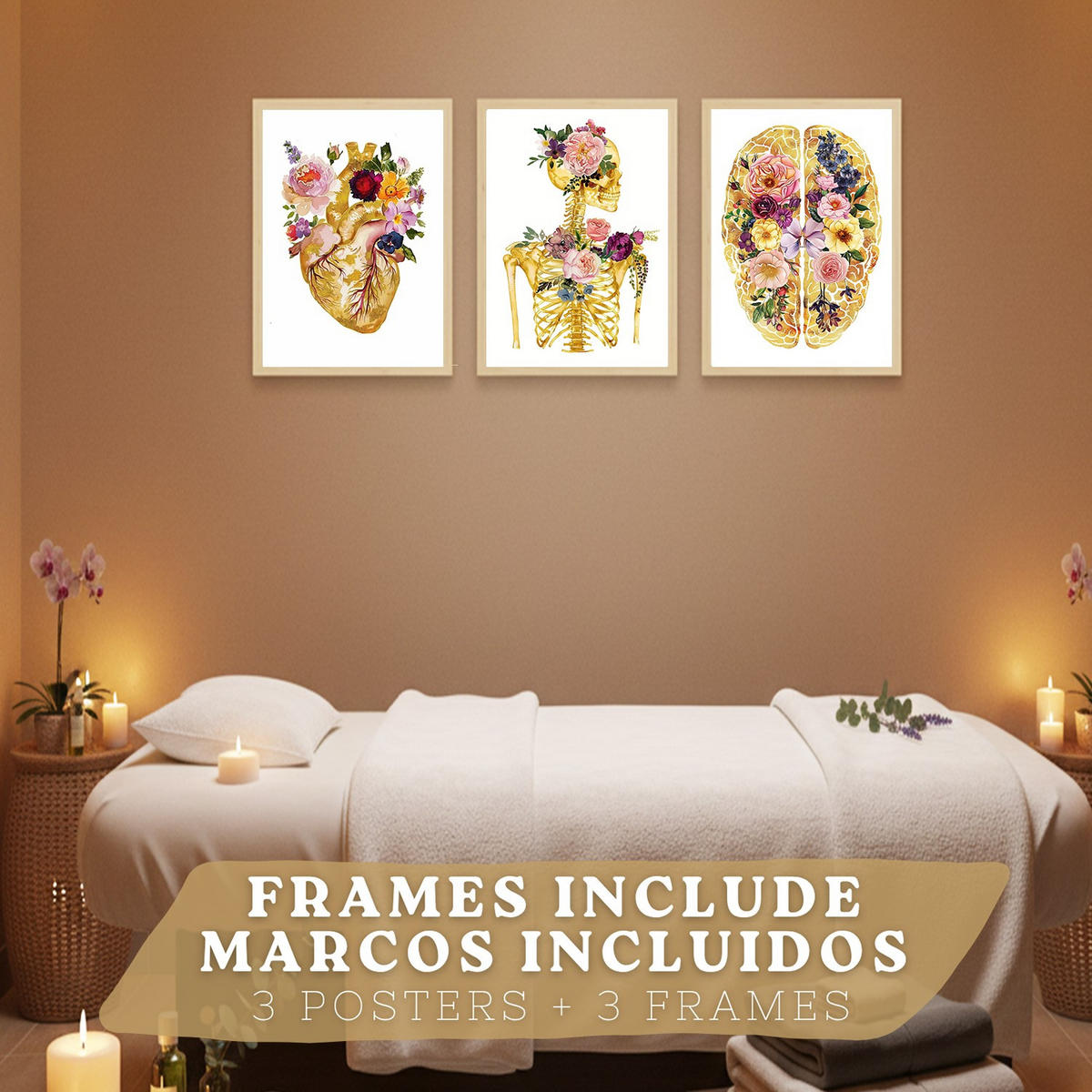 POSTER Set aus 3 Anatomie Mensch Drucke und Wandbilder mit Herz Gehirn und Skelett Goldenes Florales Design Größe Leichter Holzrahmen A4 - Beige, Papier (21/29.7/3cm) - Nacnic