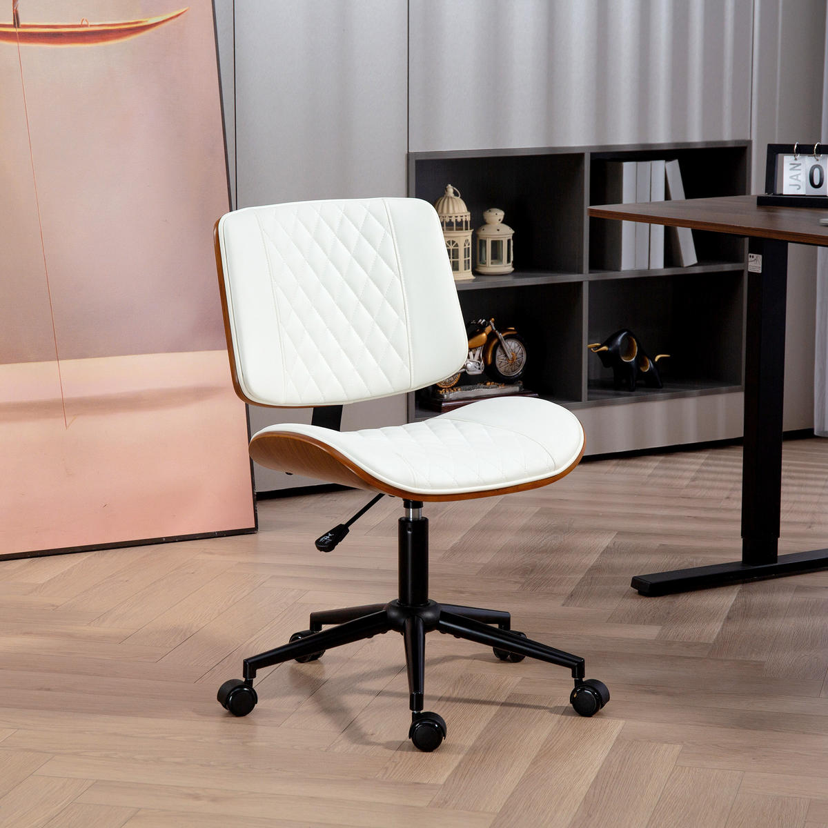 BÜROSTUHL Höhenverstellbarer Schreibtischstuhl mit Rolle, Diamantsteppung - Weiß, Textil (53/90/52cm) - HOMCOM