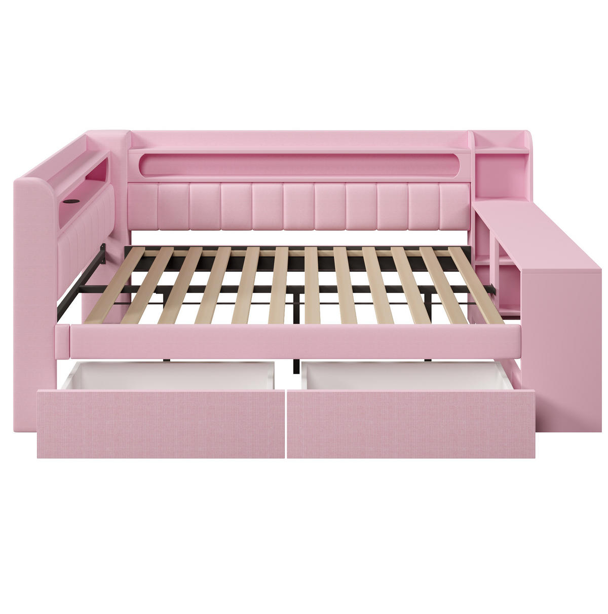 TAGESBETT 140/200 cm rosa aus MDF mit USB, LED, Schreibtisch und 2 Schubladen - Rosa, Holzwerkstoff (140/200cm) - OKWISH