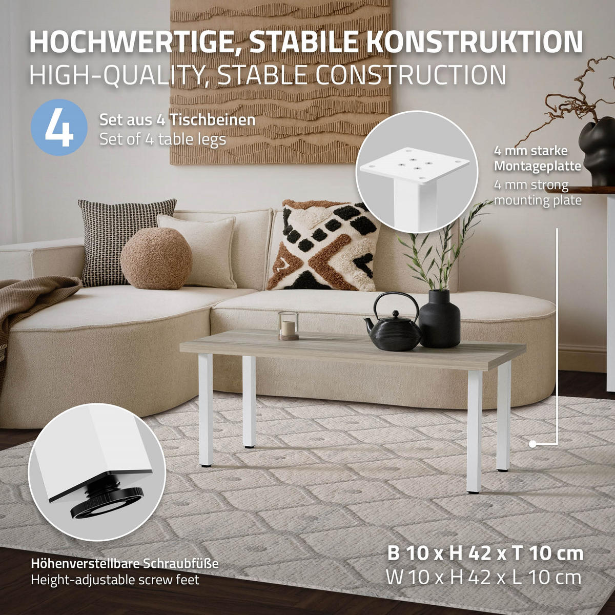TISCHBEINE 4er Set I-Design H:42 cm Weiß 4x4 cm - Weiß, Metall (4/42/4cm) - ML-DESIGN