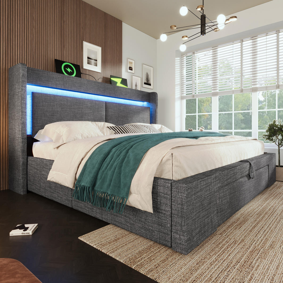 POLSTERBETT 160/200 cm mit LED, USB- und USB-C-Anschluss, hydraulischem Stauraum und Schublade, Leinen, Grau - Grau, Textil (160/200cm) - Redom