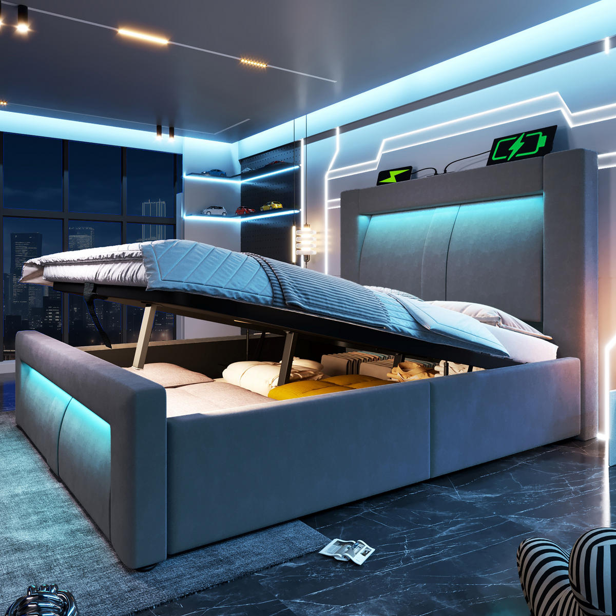 POLSTERBETT 90/200 cm aus Samt mit LED, USB- und Type-C-Anschluss, hydraulischem Stauraum und Matratze, Grau - Grau, Textil (90/200cm) - Redom