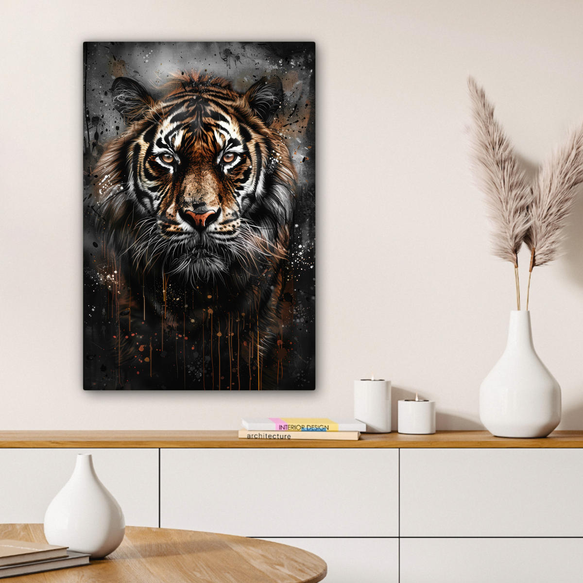 LEINWANDBILD Tiger - Tiere - Porträt - Luxus - Schwarz 60x90 cm - Anthrazit, Textil (60/90cm) - MuchoWow
