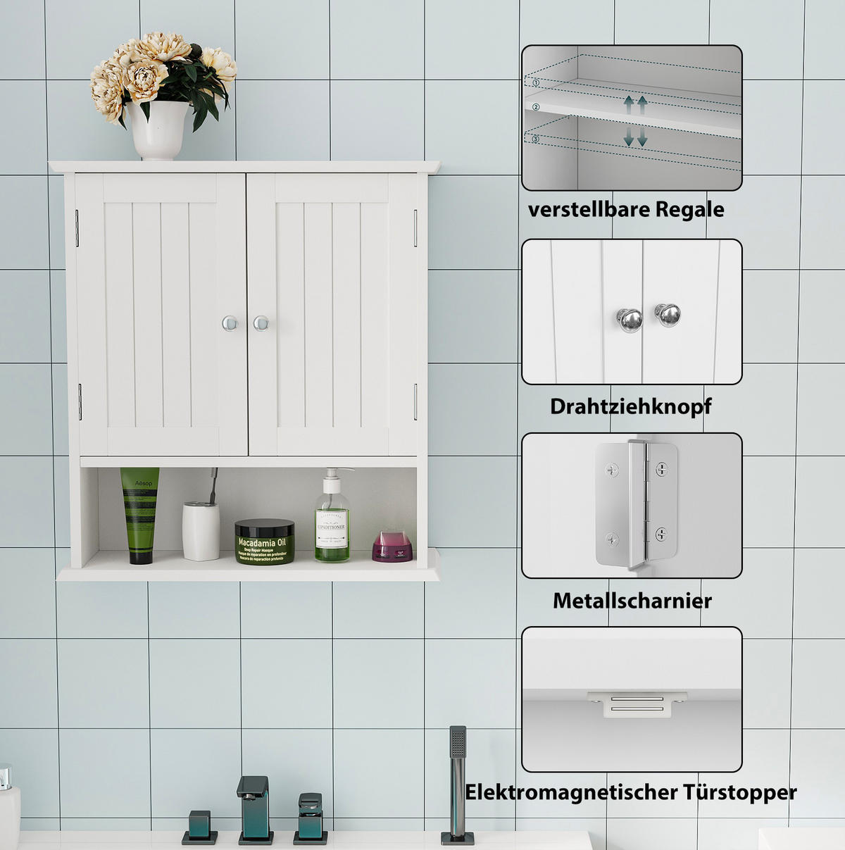 WANDSCHRANK Badezimmerschrank 54.6x19.8x59.9cm in Weiß mit verstellbaren Regalen - Weiß, Holzwerkstoff (54.6/59.9/19.8cm) - Modfu