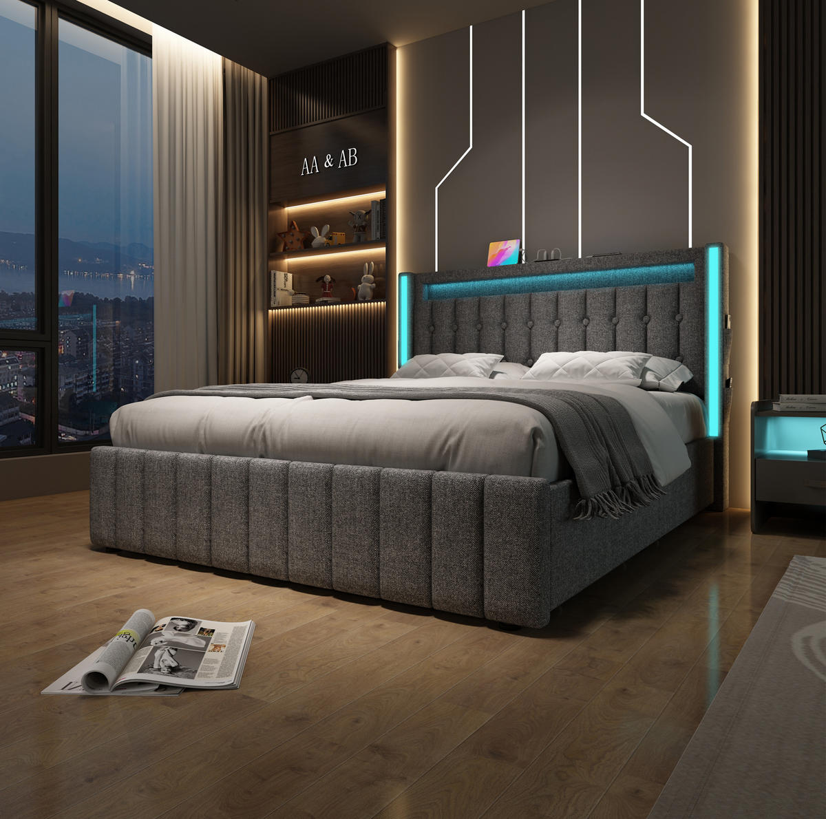 TAPECIRANI krevet od lanene tkanine 160x200 cm sivi s LED rasvjetom, USB-C priključkom, 4 ladice i madracem - siva, tekstil (160/200cm) - Modfu