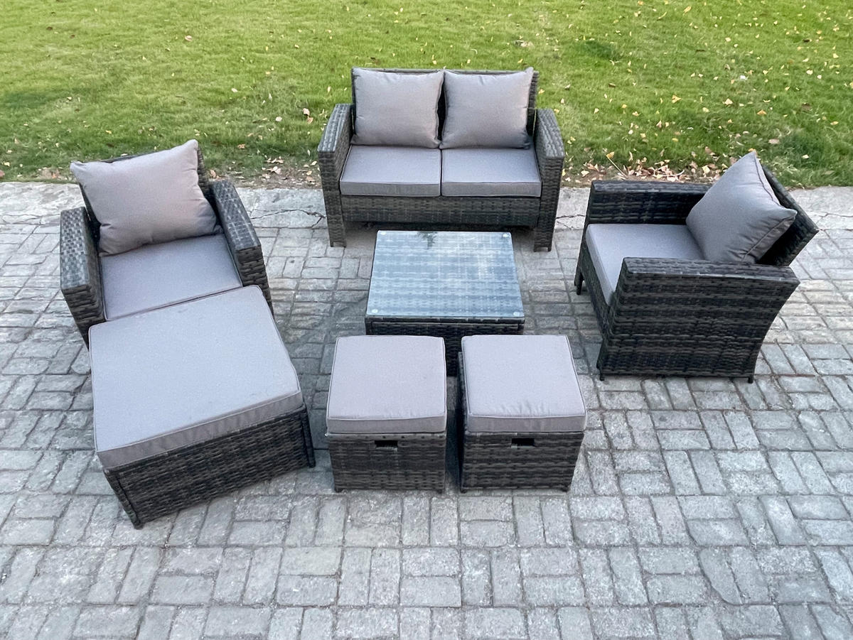 GARTENMÖBEL-SET mit Kissen Polyrattan Dunkelgrau 7-Sitzer - Dunkelgrau, Metall - Fimous
