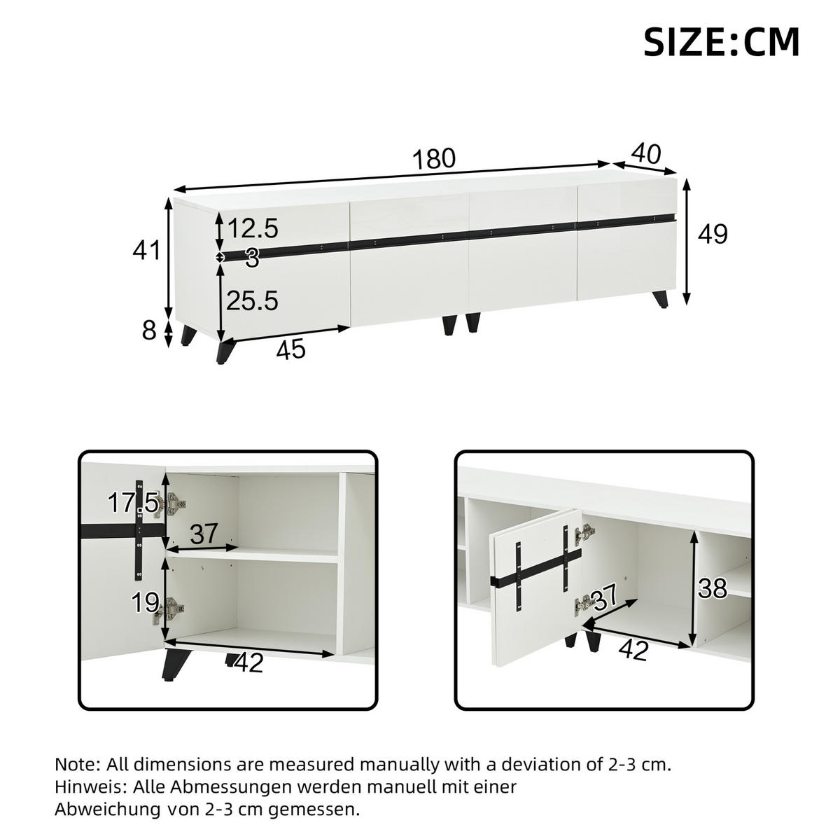 TV-LOWBOARD aus MDF 180x40x49 cm Weiß mit 4 Schränken, verstellbaren Einlegeböden und Hochglanzfront - Weiß, Holzwerkstoff (180/49/40cm) - Modfu
