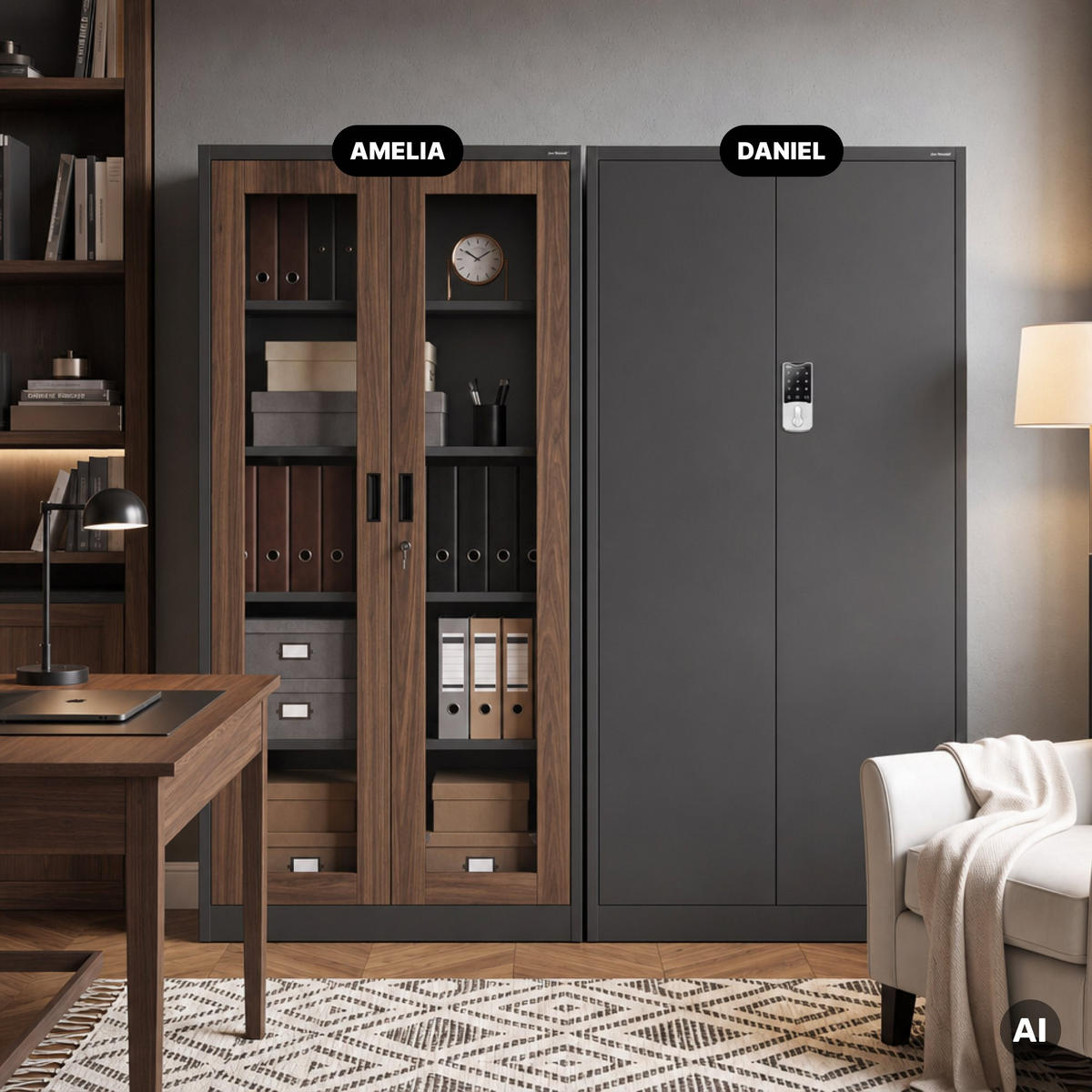 VITRINENSCHRANK Amelia 185x90x40 cm - Anthrazit/Nussbaumfarben, Metall (90/185/40cm) - Jan Nowak