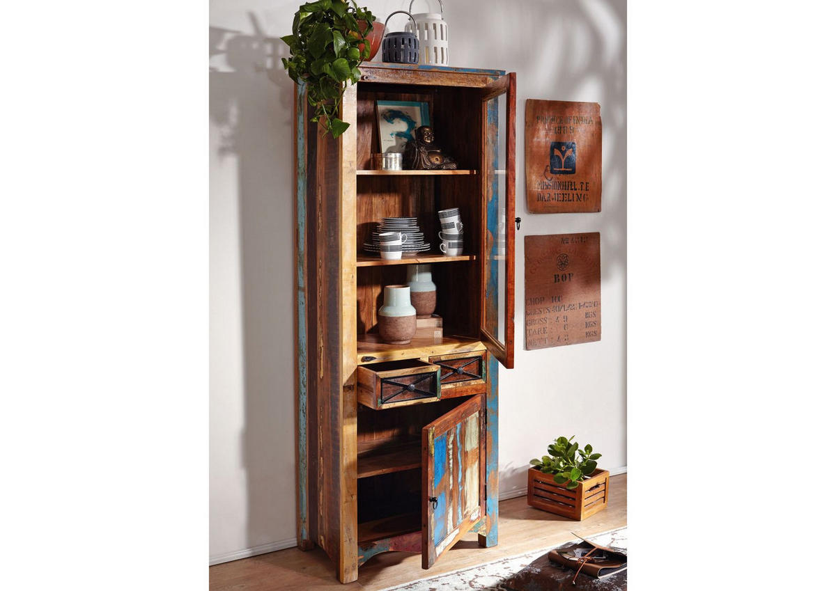 VITRINE Altholz 73x45x200 mehrfarbig lackiert NATURE OF SPIRIT #115 - Multicolor, Holz (73/200/45cm) - Massivmoebel24